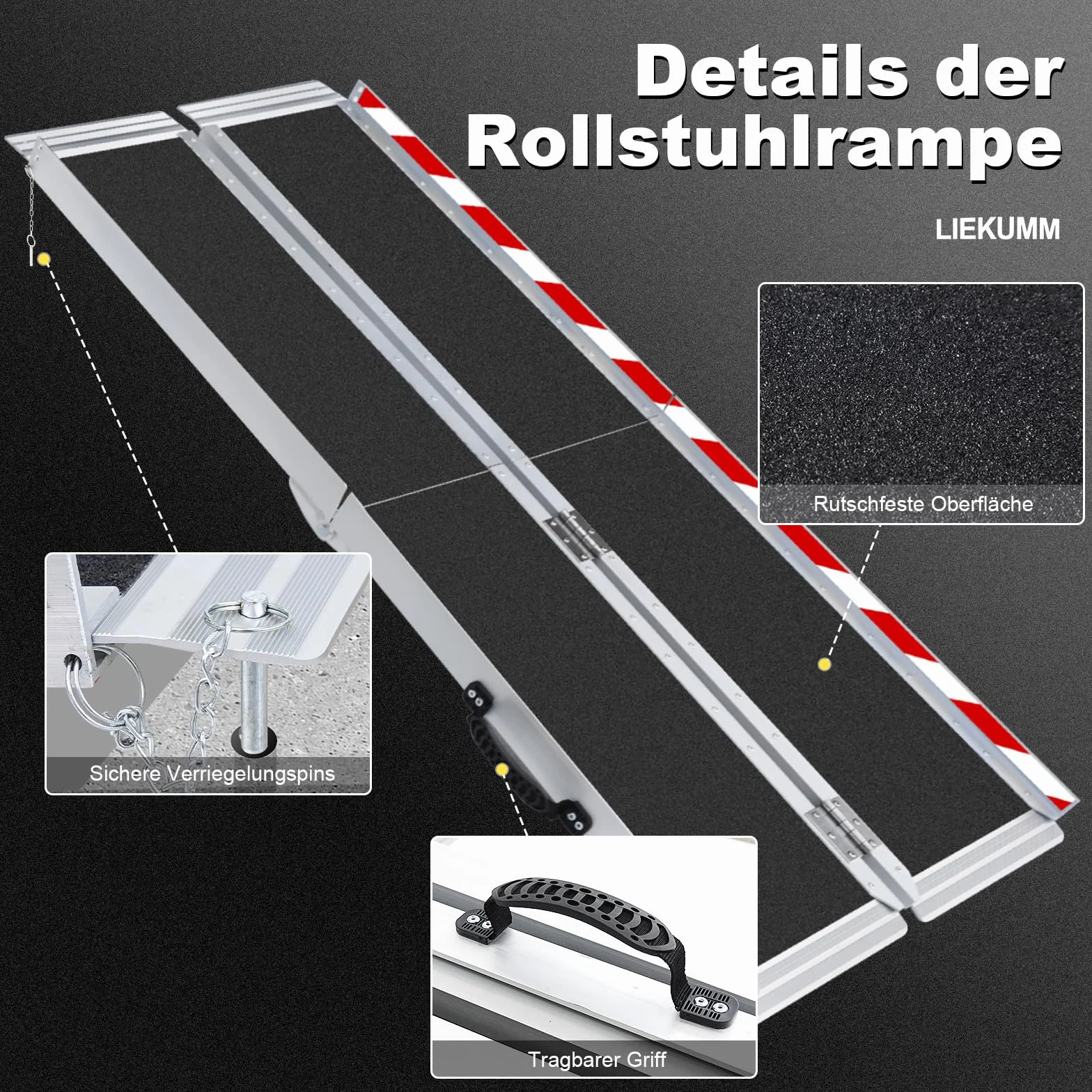 LIEKUMM 182,5 cm, antypoślizgowe, potrójnie składane rampy na wózki inwalidzkie do 300 kg, do progów drzwiowych, przenośne, aluminiowe rampy do wózków inwalidzkich i skuterów