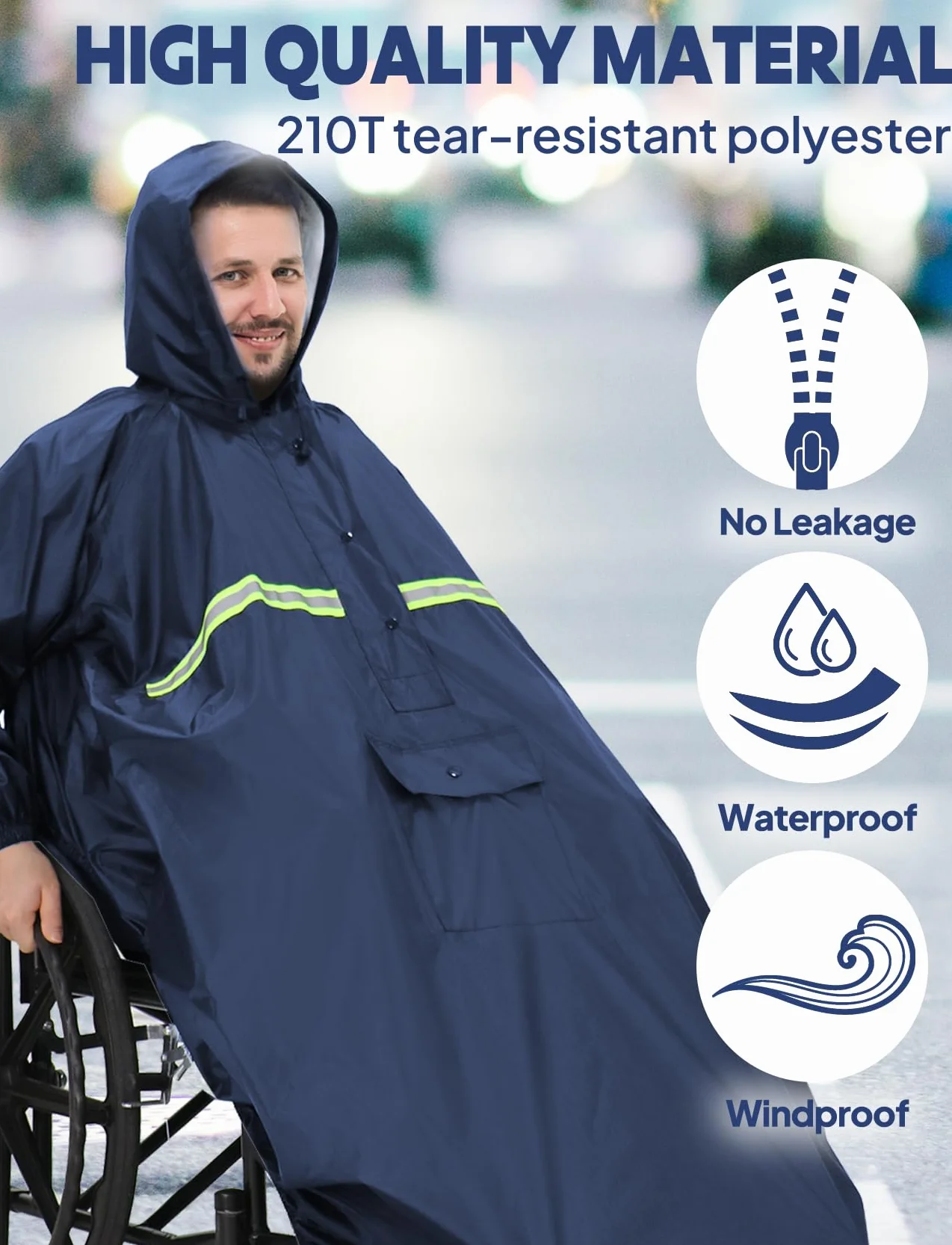 Anyoo Wodoszczelny pokrowiec na wózek inwalidzki z rękawami, lekkie ponczo przeciwdeszczowe z gumkami zapewnia suchą ochronę dla wózków inwalidzkich, unisex, jeden rozmiar, ciemny czarny, rozmiar
