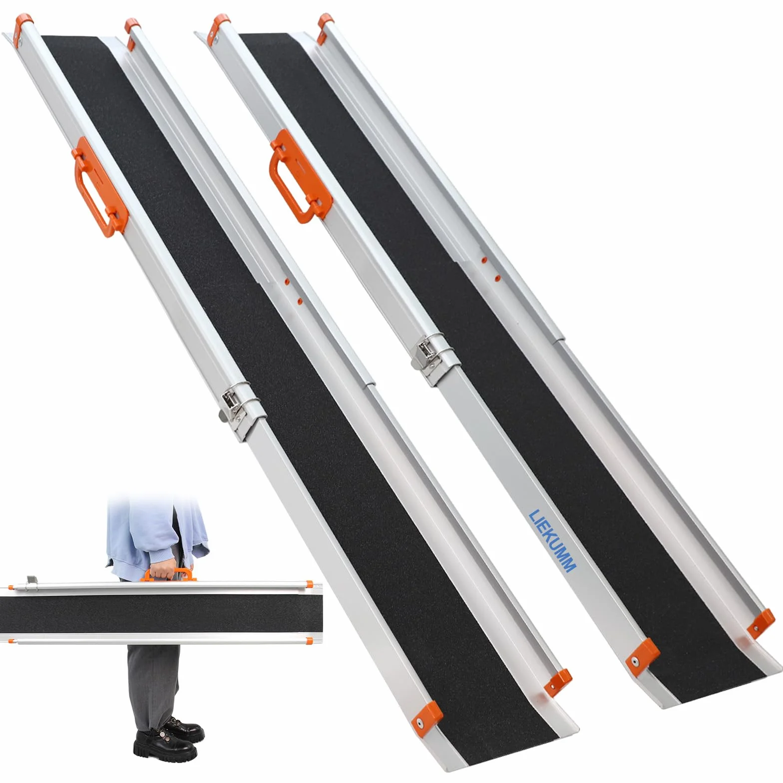 LIEKUMM Antypoślizgowa rampa ułatwiająca załadunek, 240 cm x 21 cm, regulowana, przenośna, aluminiowa rampa teleskopowa na schody i przeszkody, składana szyna ładująca (MR207N-8), 2 sztuki