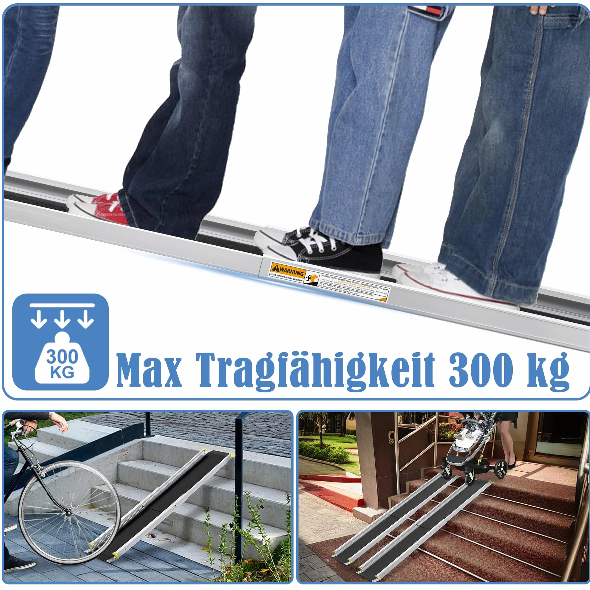 FIVMEN 2X Teleskopowa rampa dla wózków inwalidzkich 91-153 cm, aluminiowa, rampa dla wózków, udźwig 300 kg, teleskopowa, rampa najazdowa, rampa ładunkowa, regulowana, przenośna, dla wózków