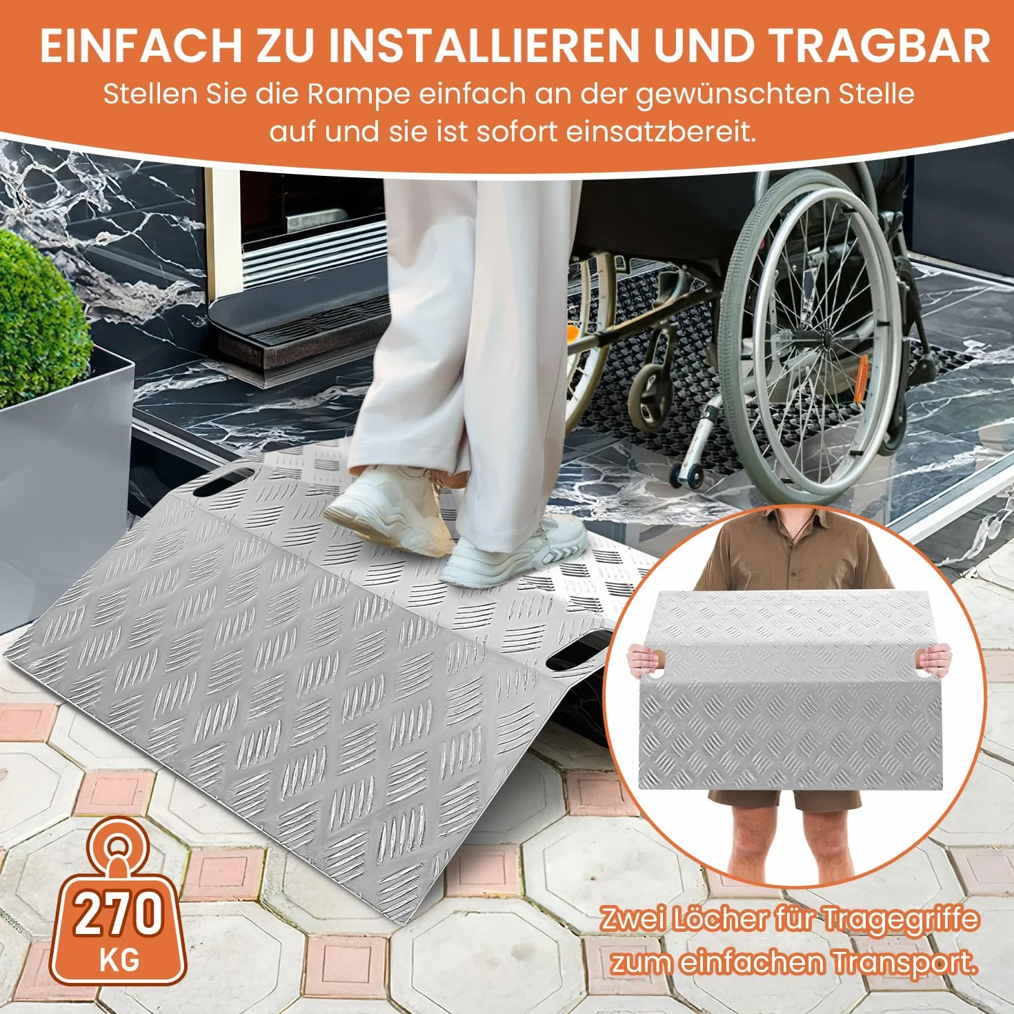 Rampa progowa dla wózków inwalidzkich z aluminium, nośność 270 kg, rampa progowa, antypoślizgowa, przenośna, z uchwytami (60 x 70 x 10 cm)