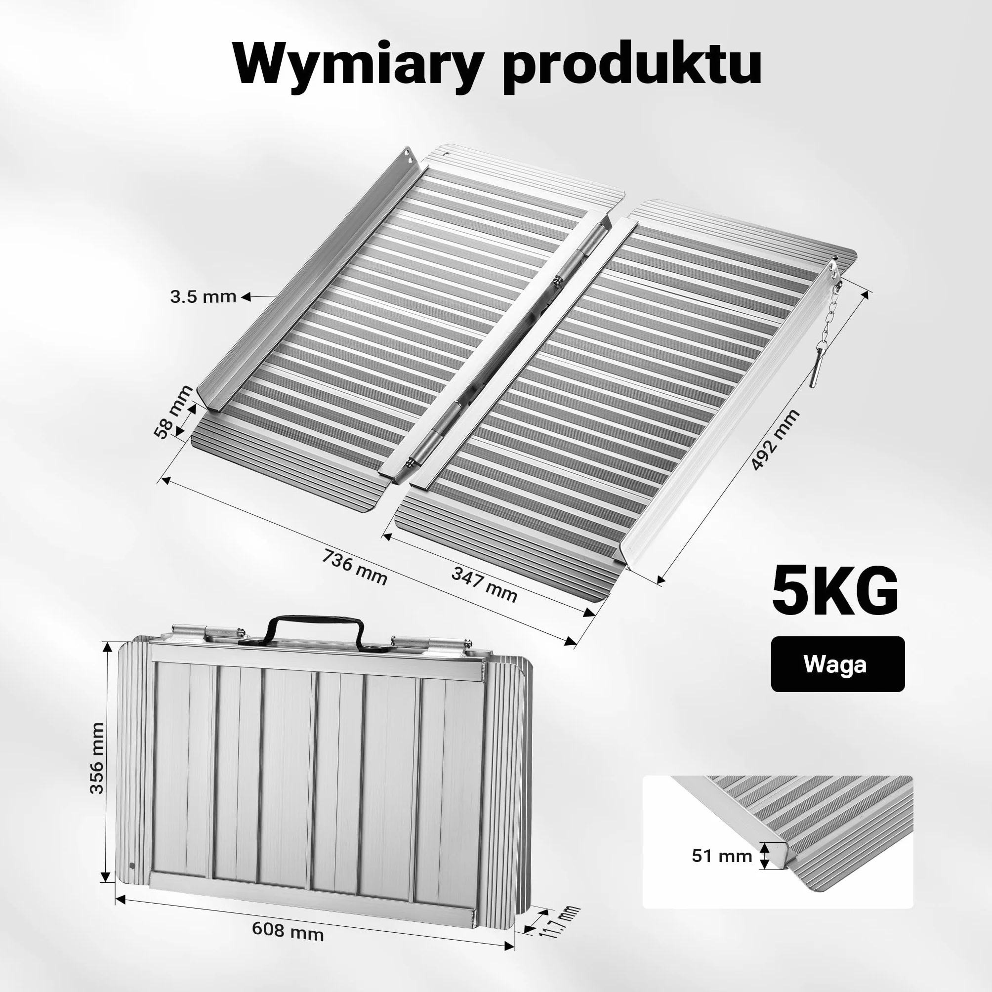 Rampa dla wózków inwalidzkich z aluminium, składana, 62 cm, maks. do 270 kg
