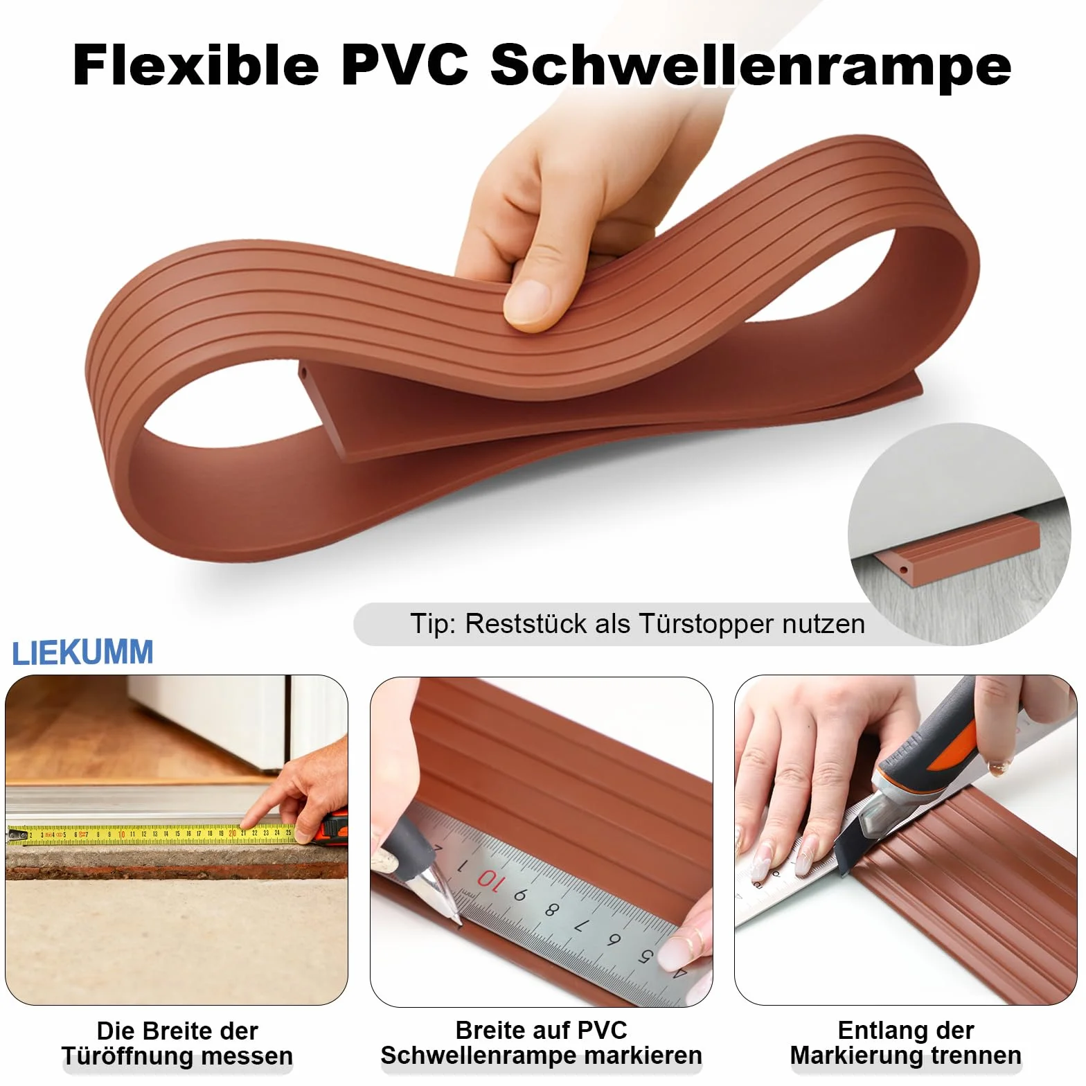 LIEKUMM Rampa PVC do wózków inwalidzkich o wysokości 2 cm, ładowność 800 kg, przenośna rampa progowa do schodów, rampa do wózka inwalidzkiego, wózka dziecięcego, garażu, odkurzacza robota, brązowa