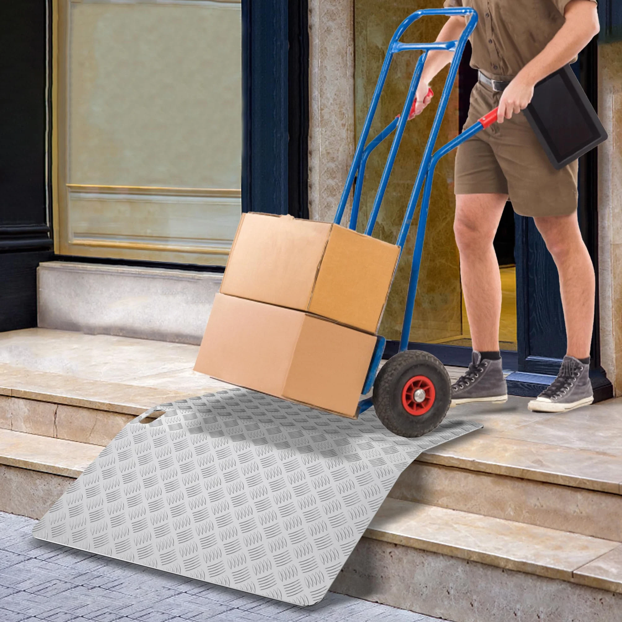 UISEBRT Rampa progowa Rampa dla wózków inwalidzkich Rampa progowa, Aluminiowa rampa dla wózków inwalidzkich, Mostek progowy antypoślizgowy przenośna z uchwytami, Nośność 270 kg (60 x 70 x 10 cm)