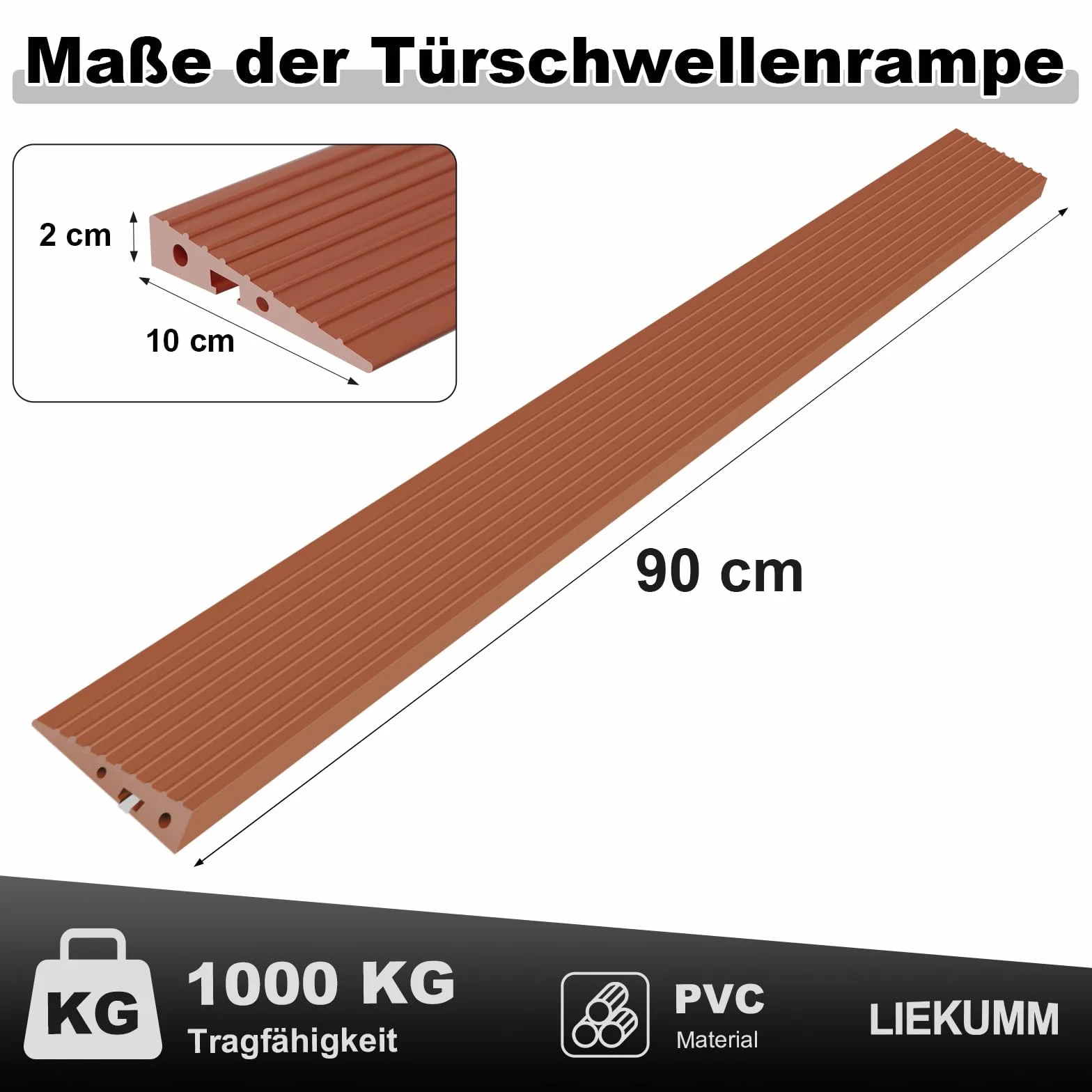 LIEKUMM Rampa PVC do wózków inwalidzkich o wysokości 2 cm, ładowność 800 kg, przenośna rampa progowa do schodów, rampa do wózka inwalidzkiego, wózka dziecięcego, garażu, odkurzacza robota, brązowa