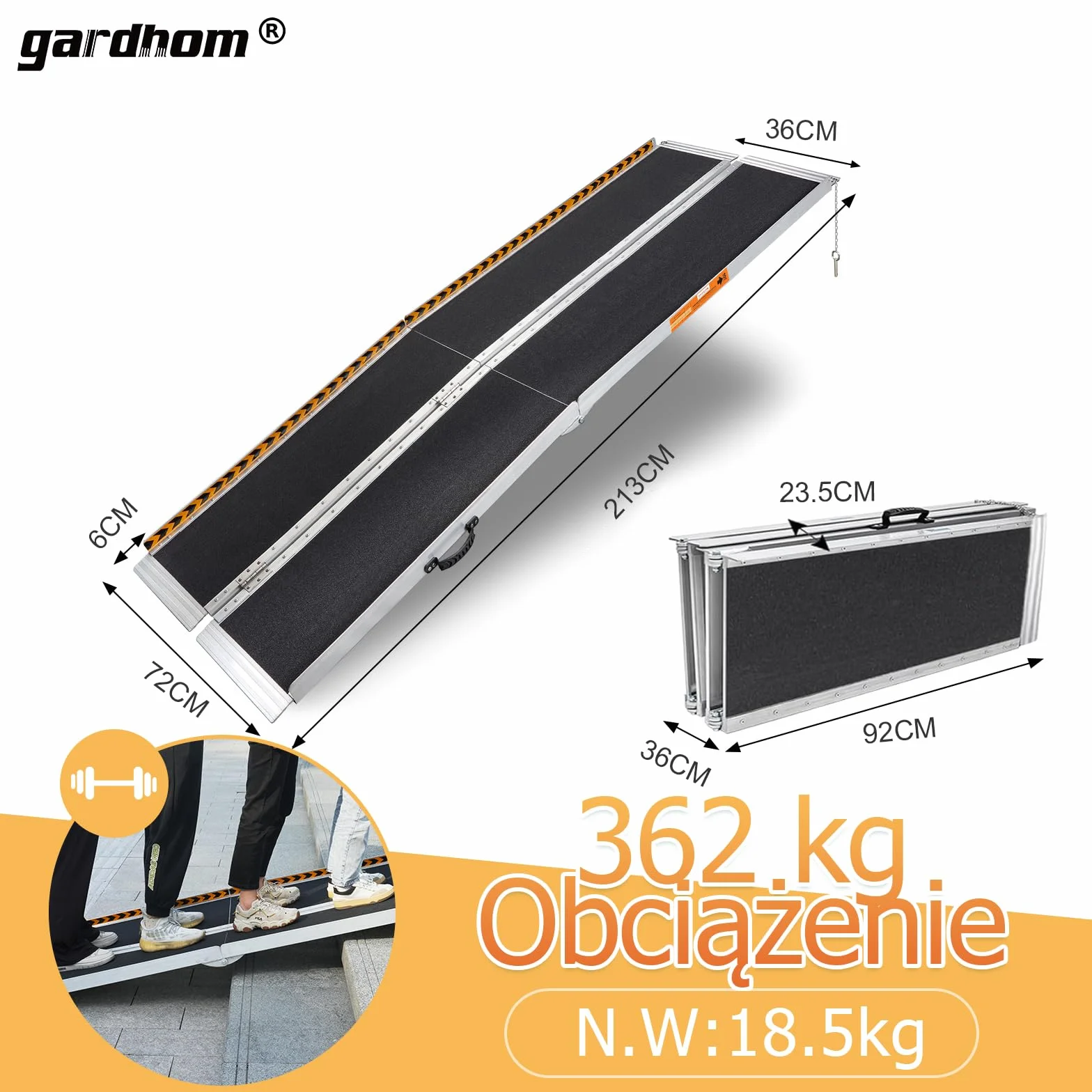 gardhom rampa do wózków inwalidzkich, 213,5 cm, maks. nośność 362 kg, antypoślizgowa, aluminiowa, składana rampa dla wózków inwalidzkich lub chodzików, rampa progowa do schodów domowych, drzwi