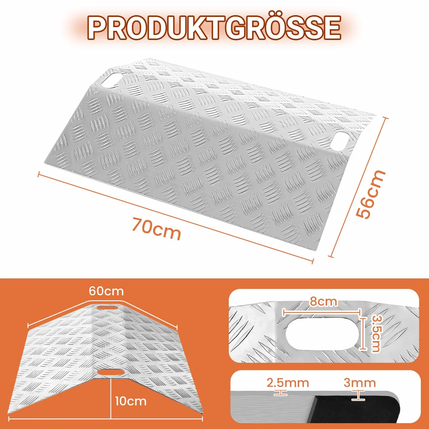 Rampa progowa dla wózków inwalidzkich z aluminium, nośność 270 kg, rampa progowa, antypoślizgowa, przenośna, z uchwytami (60 x 70 x 10 cm)