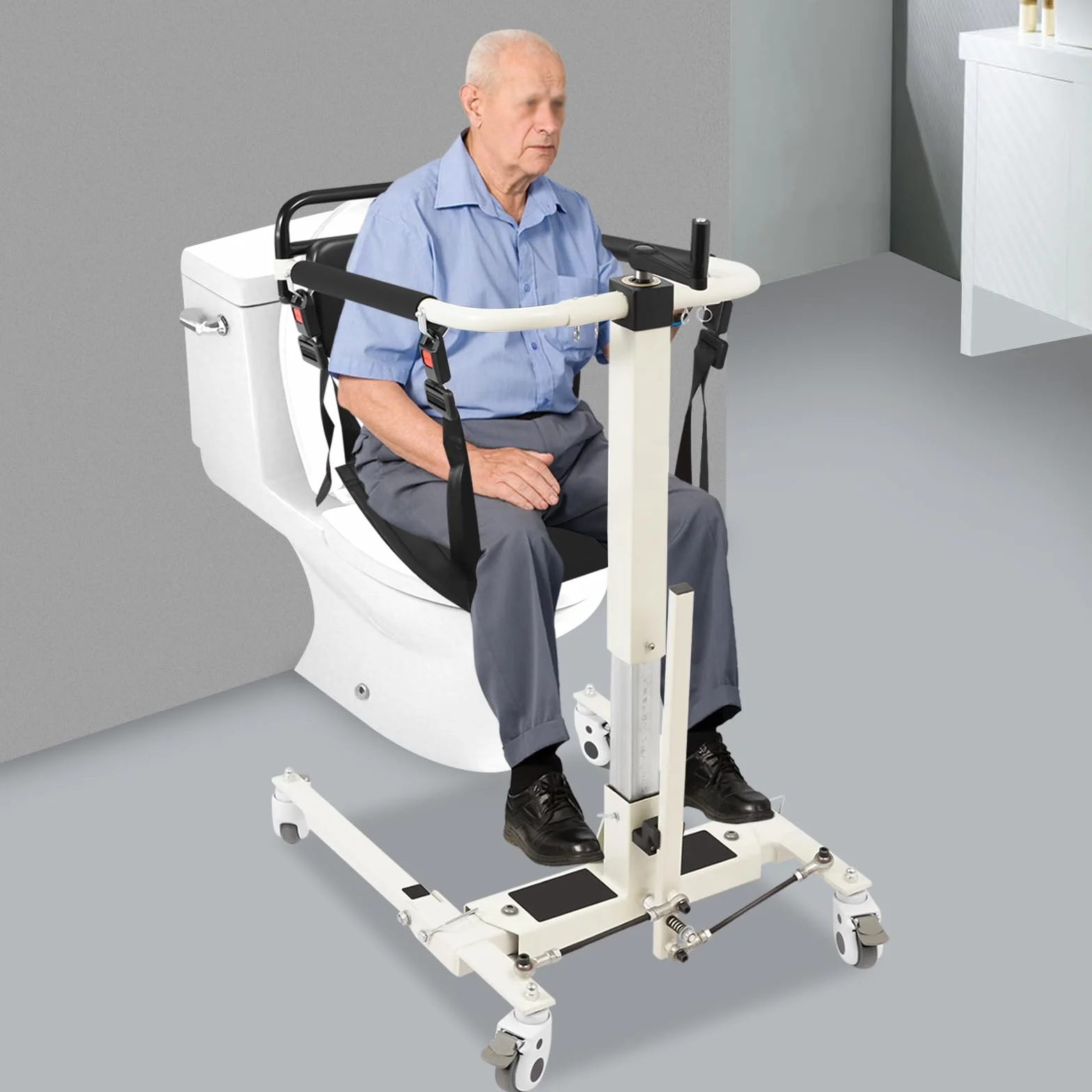 Hydrauliczne krzesło transferowe dla pacjentów, nośność 120 kg, regulowana wysokość 60-95 cm, szerokość 58-75 cm, 4 uniwersalne kółka z hamulcami i 2 poduszkami do siedzenia, podnośnik pacjenta do
