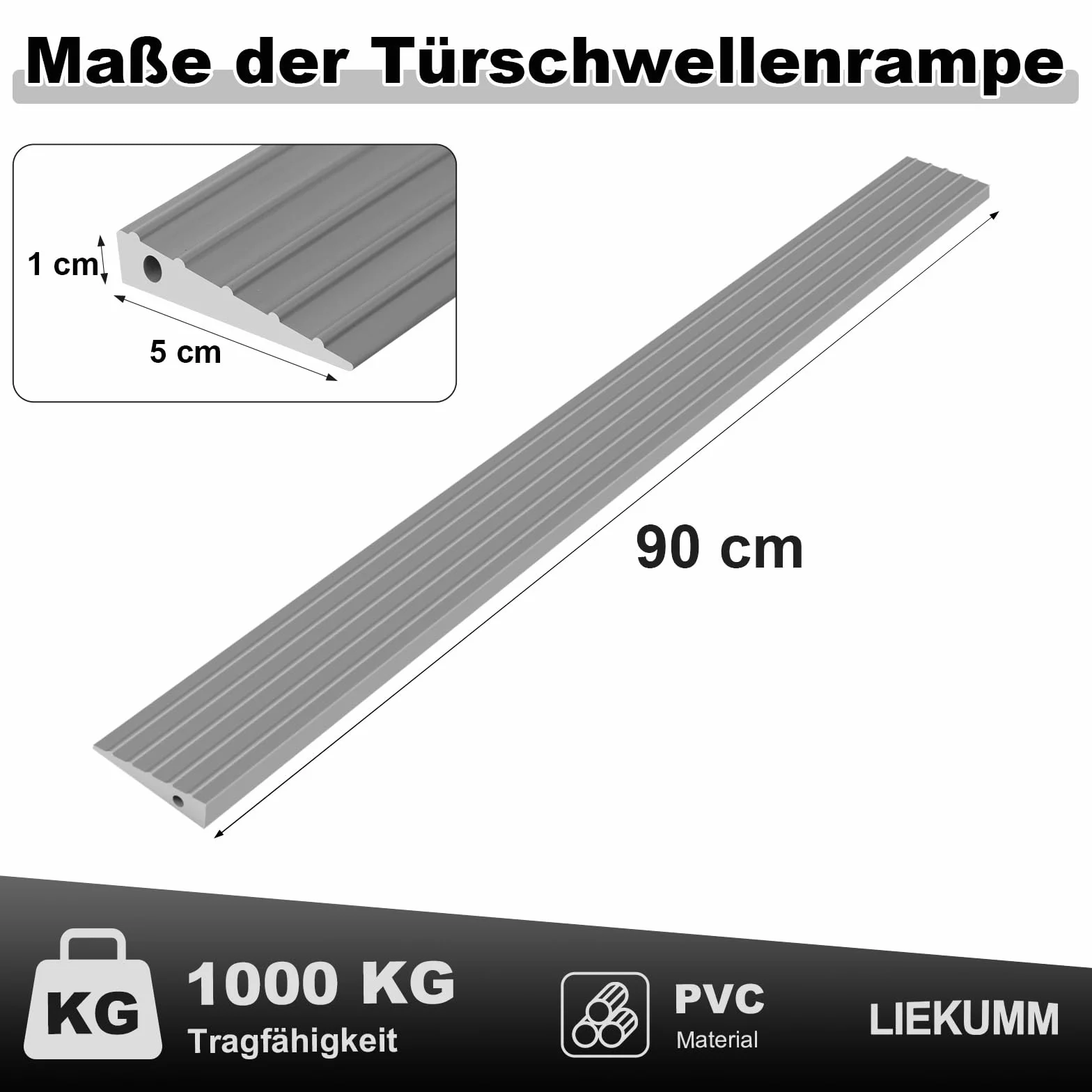 LIEKUMM Rampa progowa, 90 x 5 x 1 cm, rampa dla wózków inwalidzkich, rampa progowa PCW, rampa dla wózków inwalidzkich, wózków dziecięcych, chodzików lub skuterów elektrycznych, szara