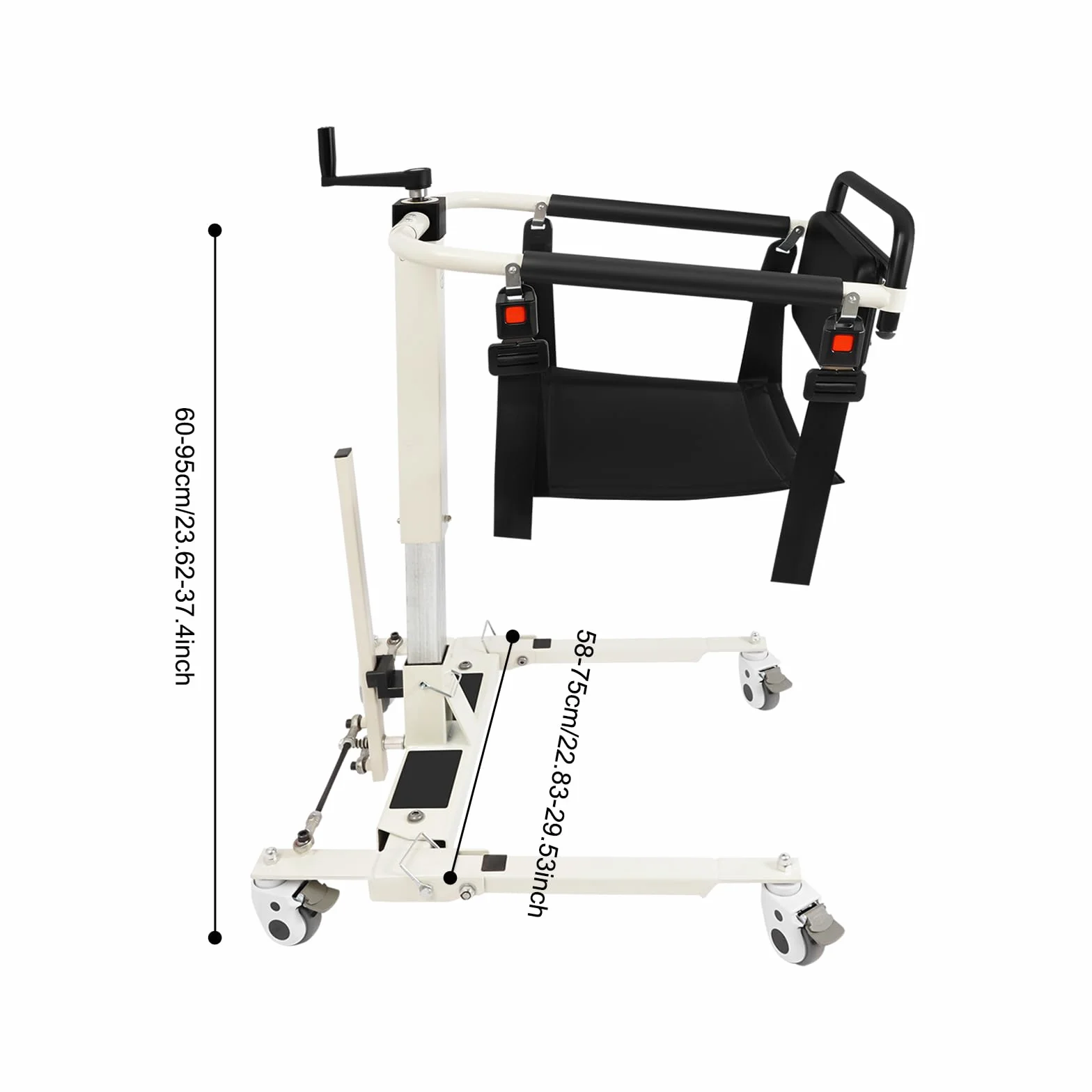 Hydrauliczne krzesło transferowe dla pacjentów, nośność 120 kg, regulowana wysokość 60-95 cm, szerokość 58-75 cm, 4 uniwersalne kółka z hamulcami i 2 poduszkami do siedzenia, podnośnik pacjenta do