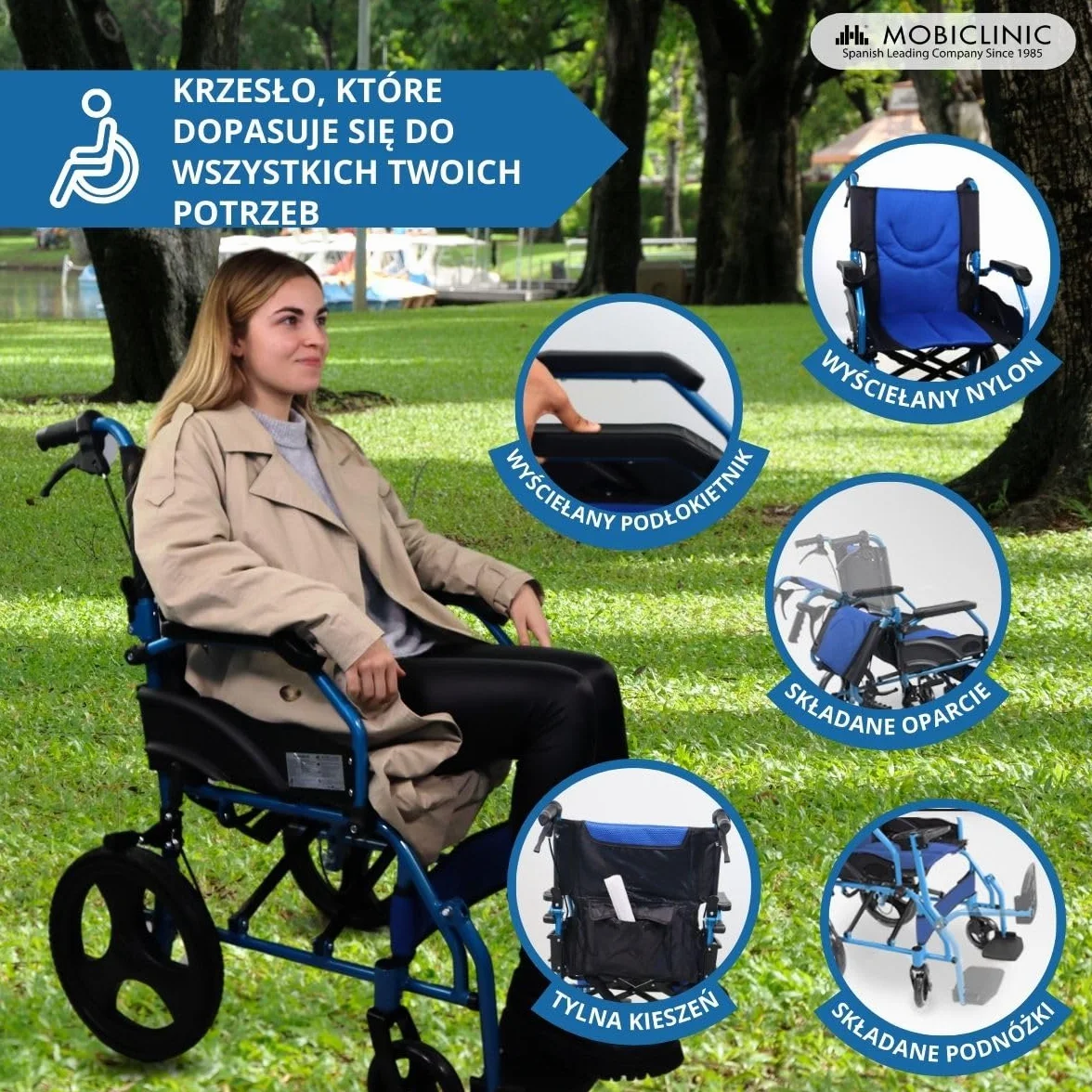 Wózek inwalidzki | Składany | Aluminium | Hamulce na dźwigniach | Niebieski | Piramida | Mobiclinic