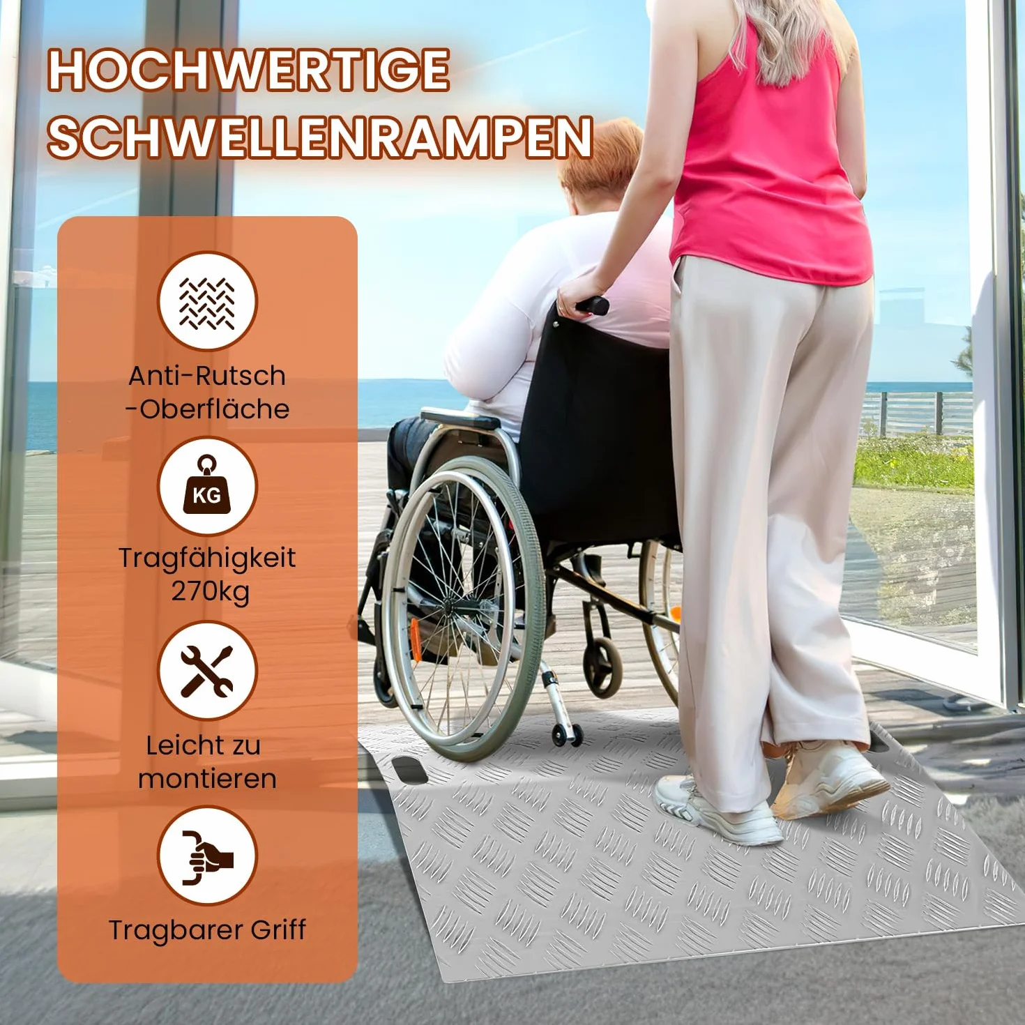 Rampa progowa dla wózków inwalidzkich z aluminium, nośność 270 kg, rampa progowa, antypoślizgowa, przenośna, z uchwytami (60 x 70 x 10 cm)
