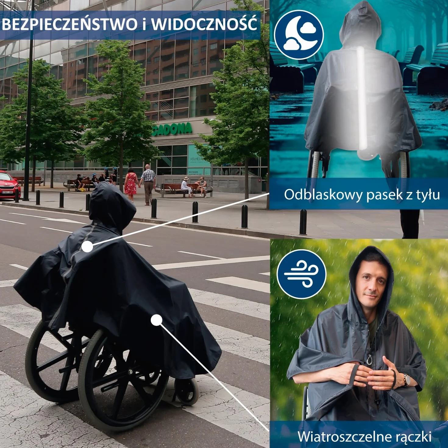 wodoodporne ponczo na wózek inwalidzki – standard dla dorosłych – peleryna przeciwdeszczowa na wózek inwalidzki