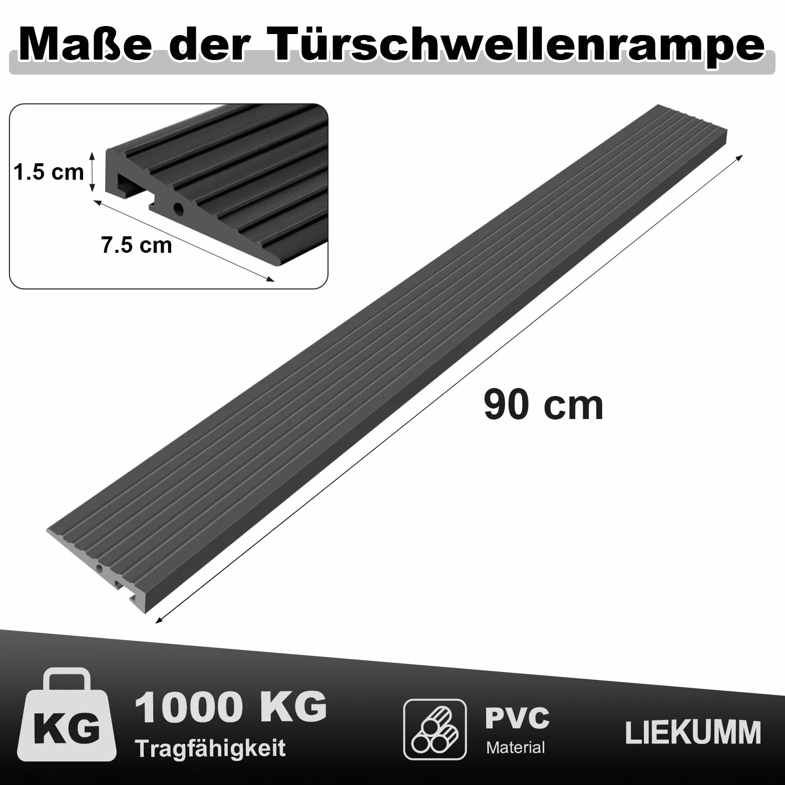 LIEKUMM Rampa progowa, 90 x 7,5 x 1,5 cm, rampa dla wózków inwalidzkich, rampa progowa PCW, rampa dla wózków inwalidzkich, wózków dziecięcych, chodzików lub skuterów elektrycznych, czarna