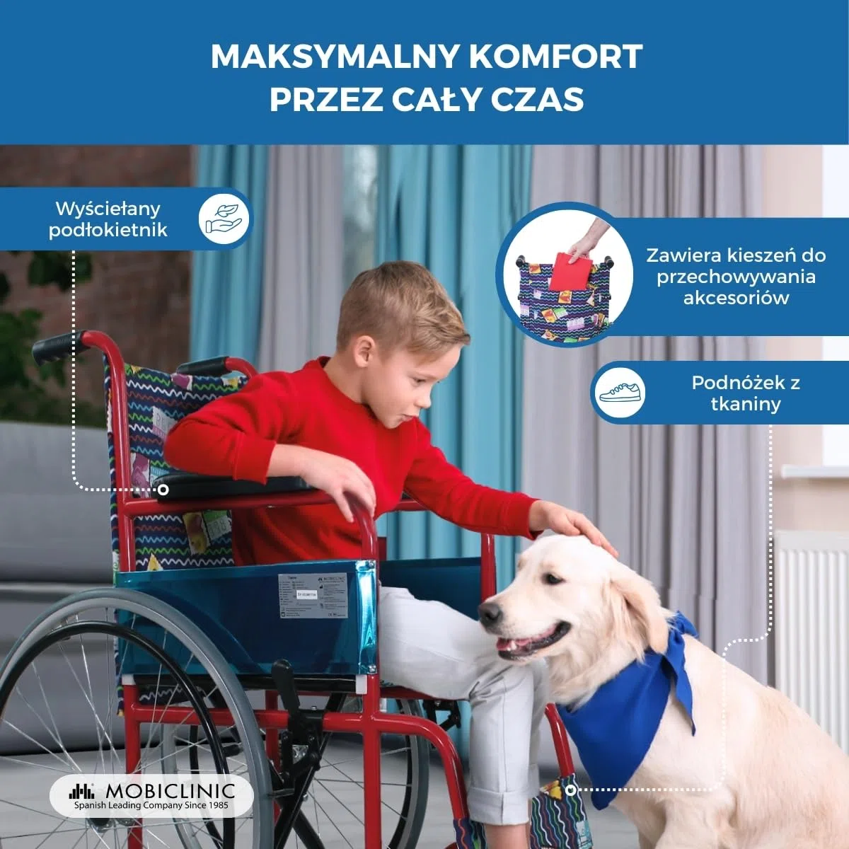 Mobiclinic, wózek inwalidzki dziecięcy, składany, hamulec na uchwytach, podnóżek i stałe ramiona, tapicerowane czerwonym nadrukiem, siedzisko, ultralekkie, model Teatro