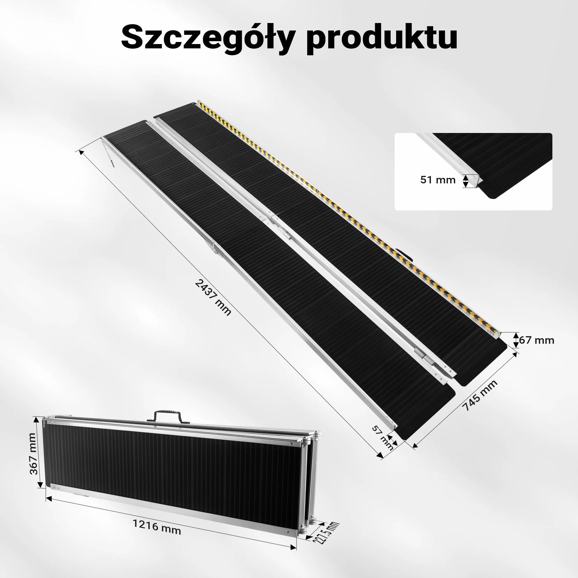 Wiltec Składana rampa najazdowa dla wózków inwalidzkich 244 cm, mobilna rampa podjazdowa do 270 kg, aluminiowa antypoślizgowa rampa załadunkowa