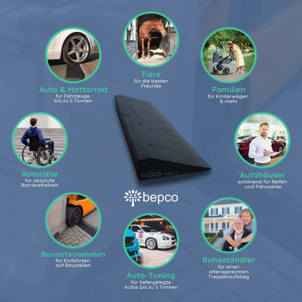 bepco Rampa do krawężnika, dł. x szer. x wys.: 100 x 25 x 5 cm z gumy (czarna) rampa najazdowa, rampa progowa, z łożyskowanymi podkładkami do mocowania