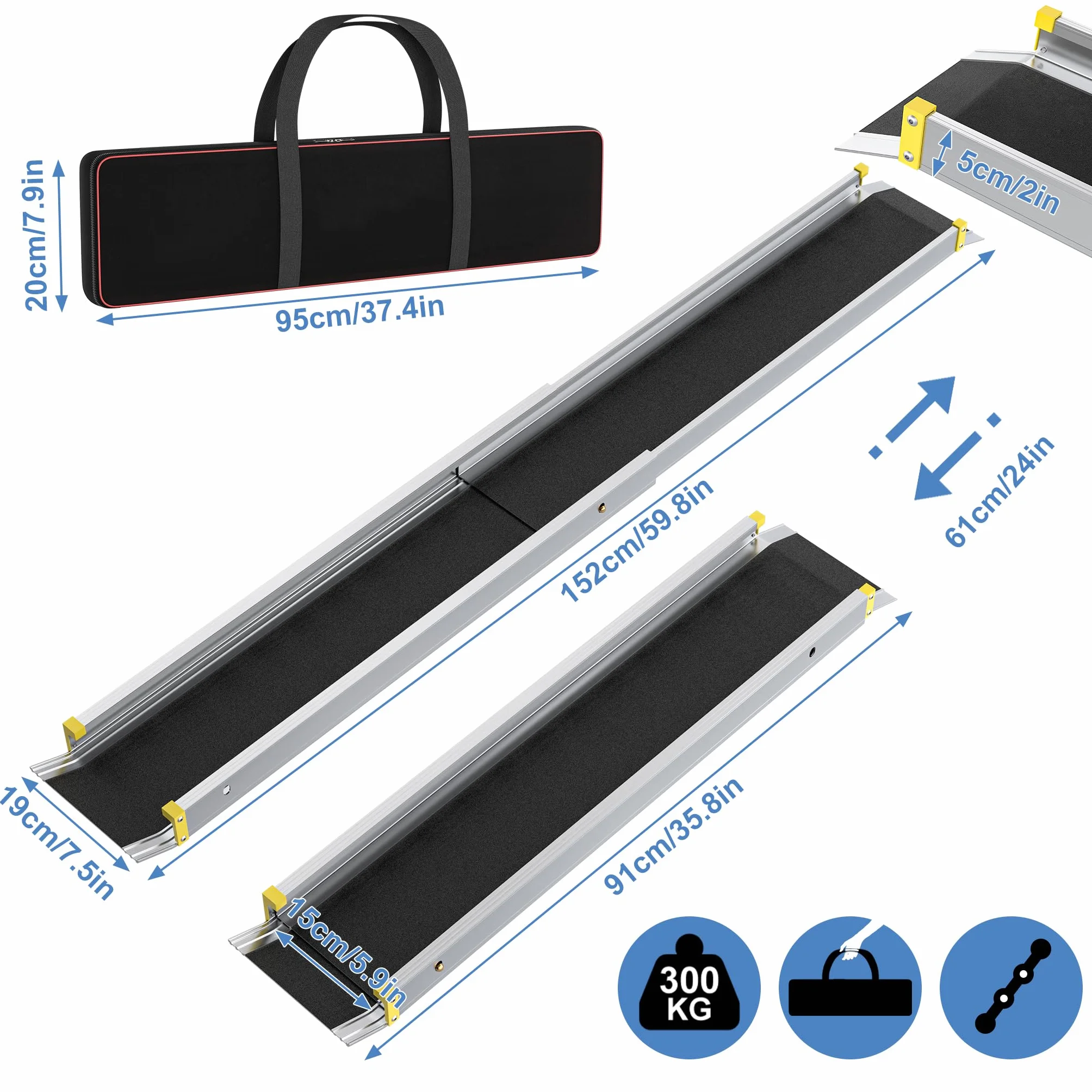 FIVMEN 2X Teleskopowa rampa dla wózków inwalidzkich 91-153 cm, aluminiowa, rampa dla wózków, udźwig 300 kg, teleskopowa, rampa najazdowa, rampa ładunkowa, regulowana, przenośna, dla wózków