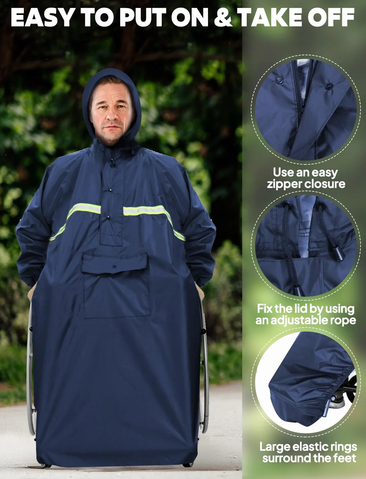 Anyoo Wodoszczelny pokrowiec na wózek inwalidzki z rękawami, lekkie ponczo przeciwdeszczowe z gumkami zapewnia suchą ochronę dla wózków inwalidzkich, unisex, jeden rozmiar, ciemny czarny, rozmiar