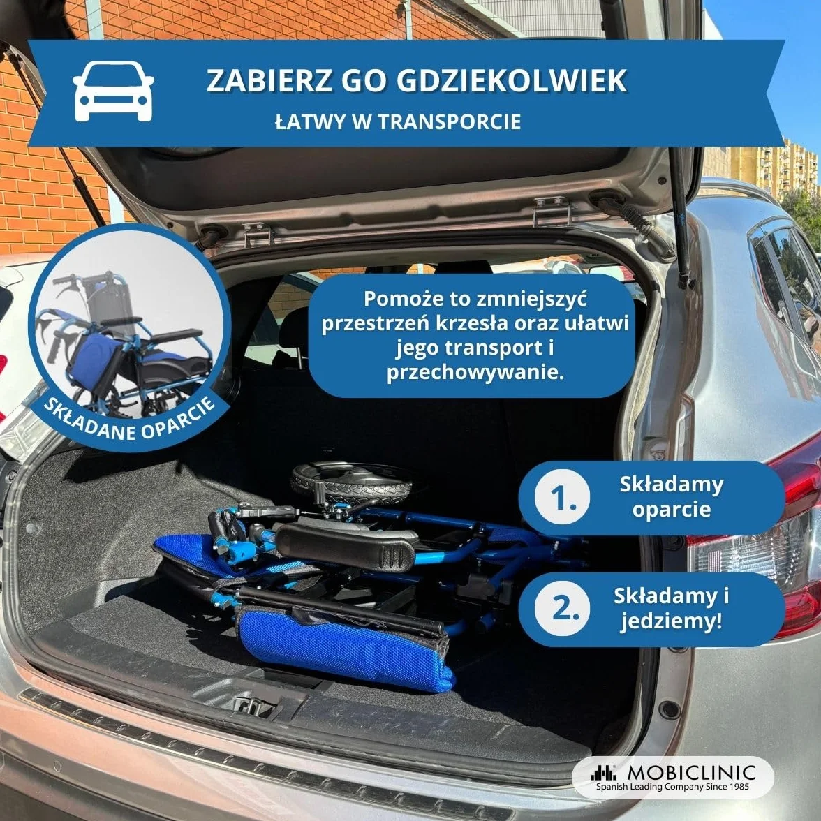 Wózek inwalidzki | Składany | Aluminium | Hamulce na dźwigniach | Niebieski | Piramida | Mobiclinic