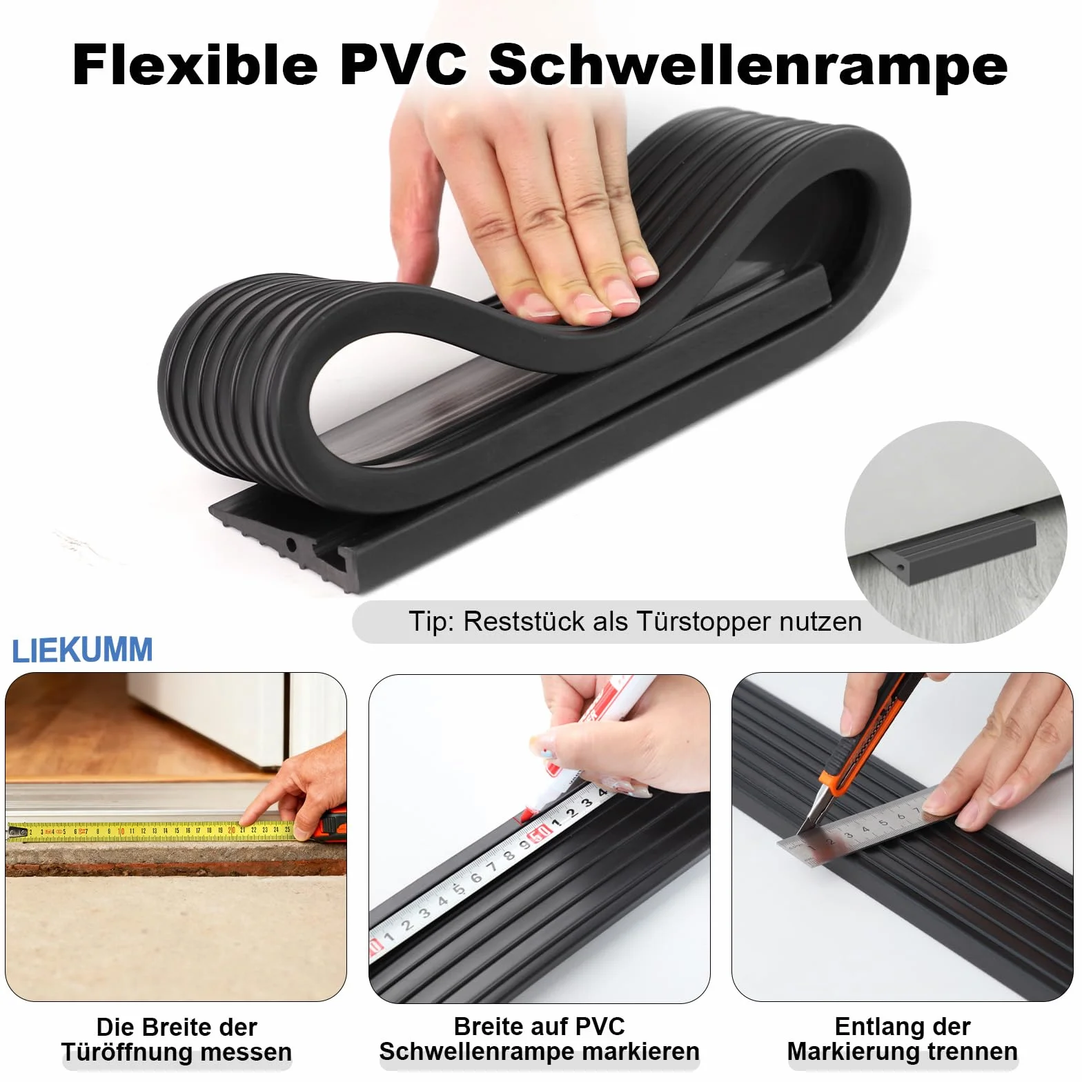LIEKUMM Rampa progowa, 90 x 7,5 x 1,5 cm, rampa dla wózków inwalidzkich, rampa progowa PCW, rampa dla wózków inwalidzkich, wózków dziecięcych, chodzików lub skuterów elektrycznych, czarna