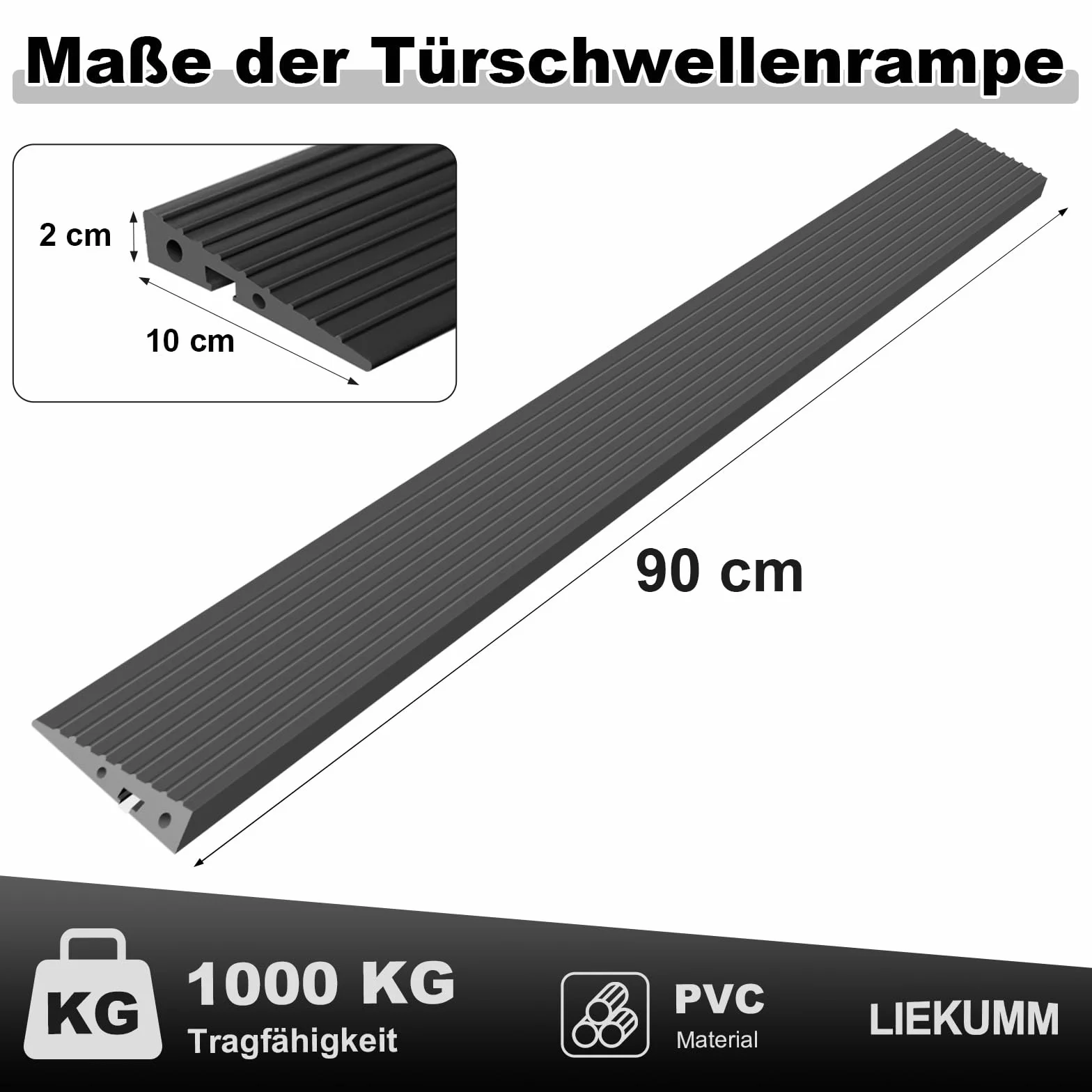 LIEKUMM Rampa Progowa 90 x 10 x 2,0 cm, PCW, dla Wózków Inwalidzkich, Dziecięcych, Chodzików lub Skuterów Elektrycznych, Czarna