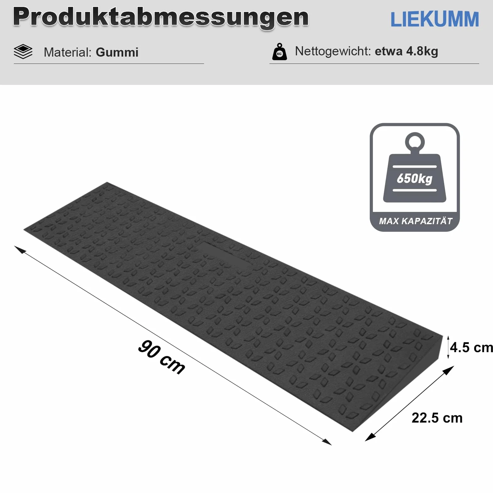LIEKUMM Rampa progowa do drzwi o wysokości 4,5 cm, udźwig 650 kg, gumowa rampa dla wózków inwalidzkich, antypoślizgowa rampa do progów drzwiowych, robot odkurzający do stopni, krawężników, skuterów
