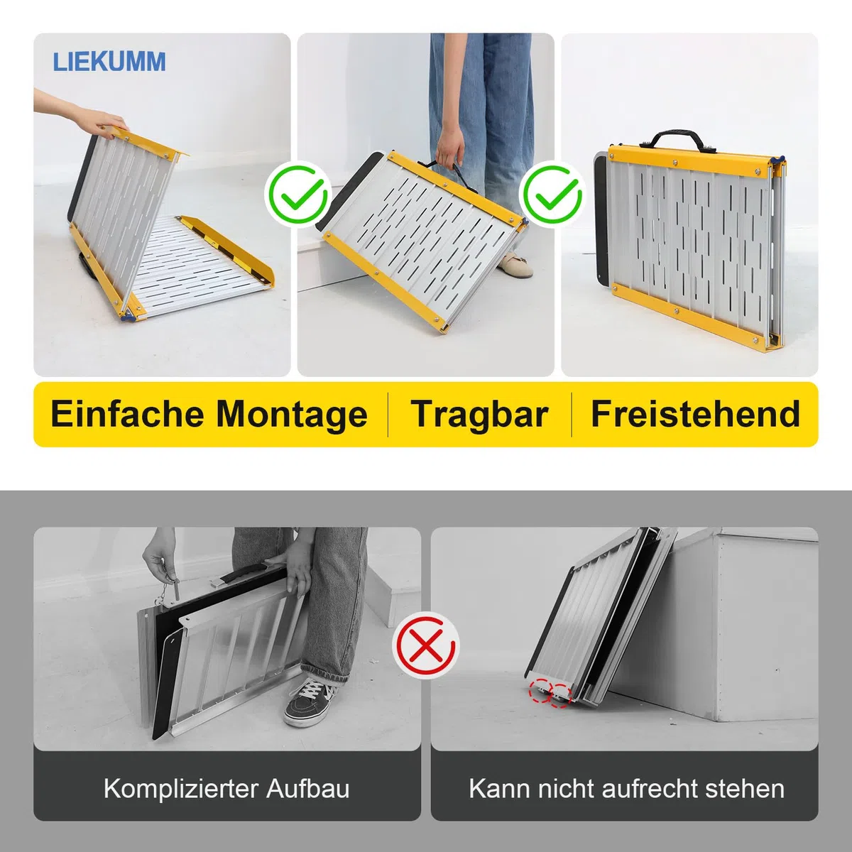 LIEKUMM Rampa dla wózków inwalidzkich 121 x 73 cm, składana, do 300 kg, aluminiowa rampa progowa na stopnie, progi, schody, przeszkody