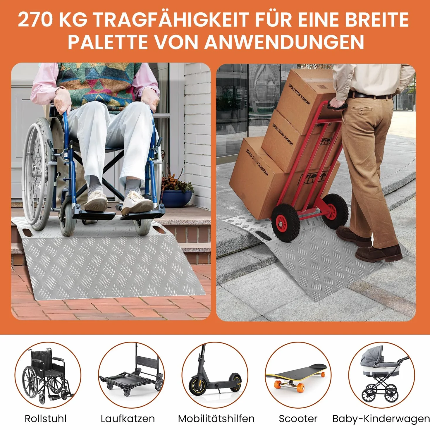 Rampa progowa dla wózków inwalidzkich z aluminium, nośność 270 kg, rampa progowa, antypoślizgowa, przenośna, z uchwytami (60 x 70 x 10 cm)