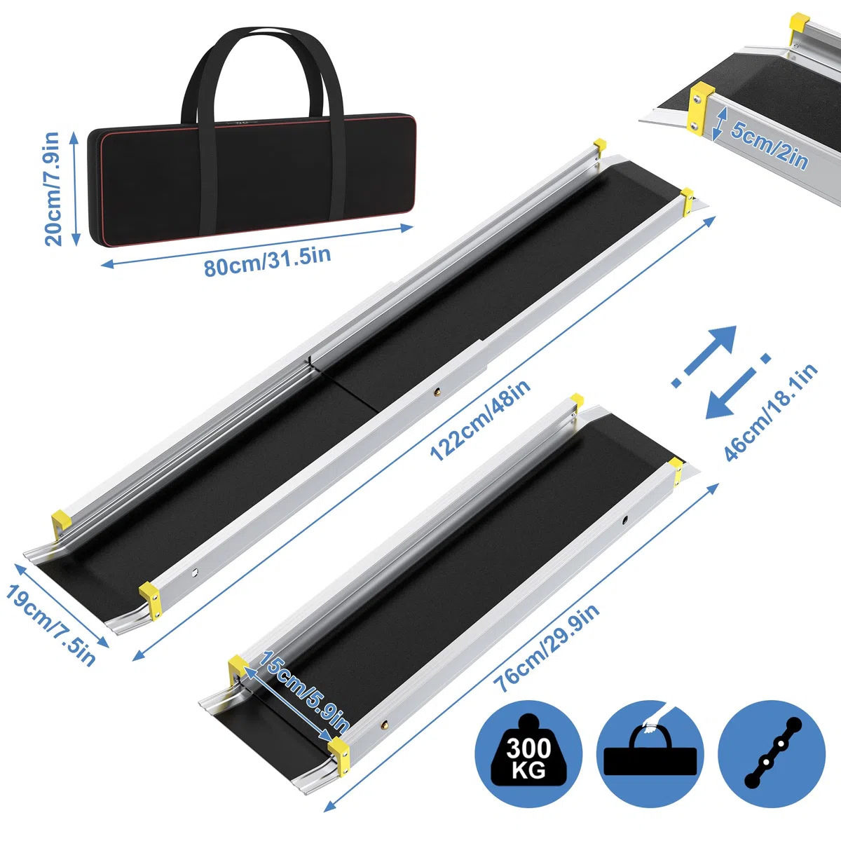 Froadp 2 x rampa dla wózków inwalidzkich do schodów, rampa teleskopowa do wózka inwalidzkiego, aluminiowa, rampa najazdowa do 300 kg, nośność 75,5-122 cm, regulowana rampa teleskopowa