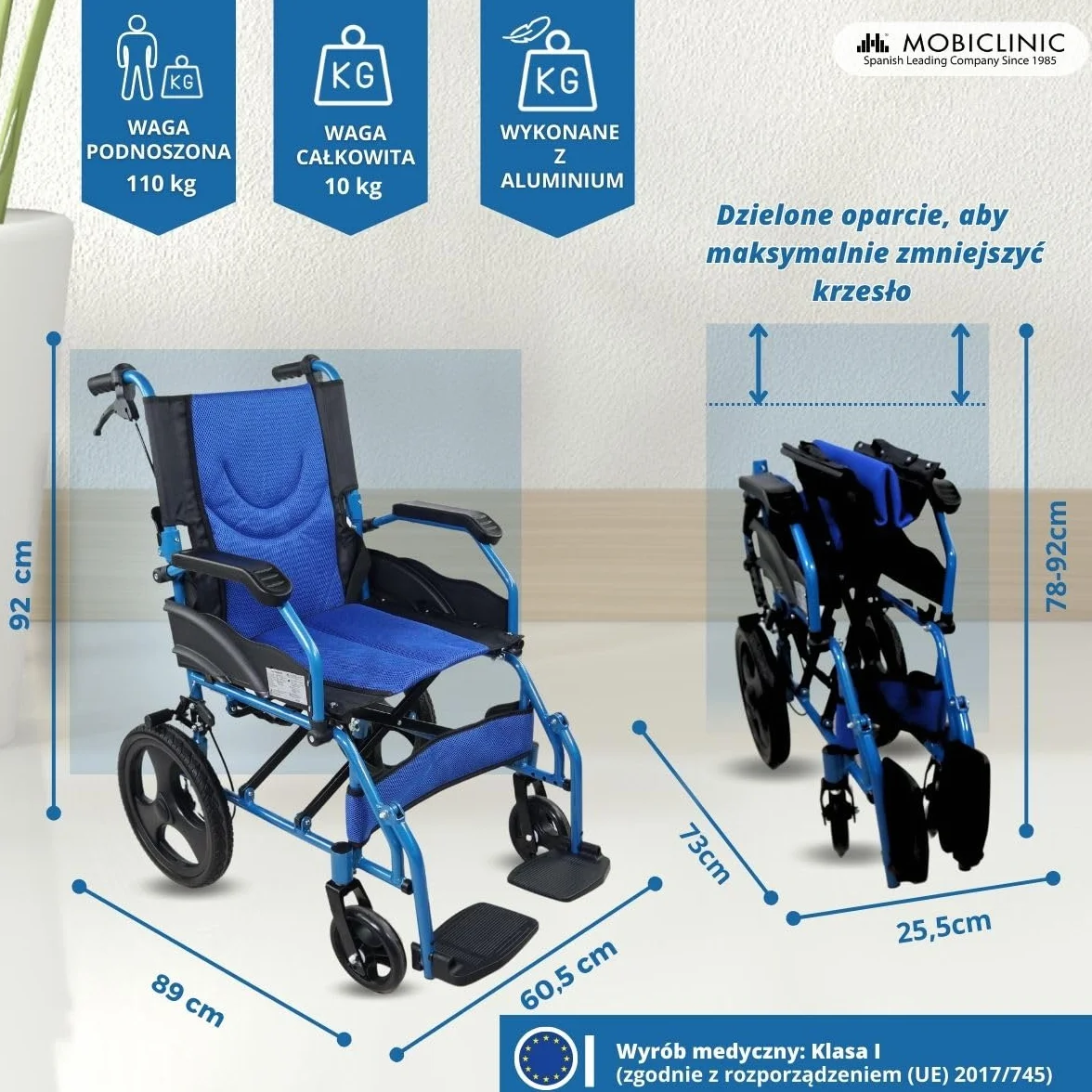 Wózek inwalidzki | Składany | Aluminium | Hamulce na dźwigniach | Niebieski | Piramida | Mobiclinic