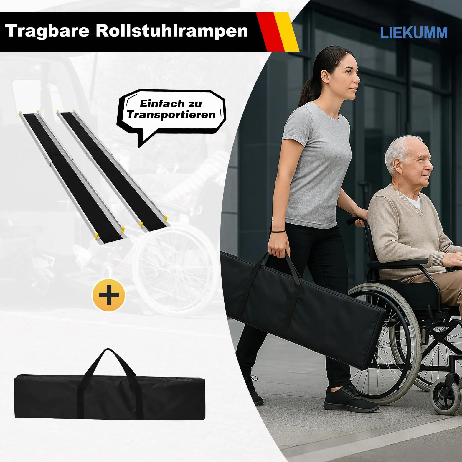 LIEKUMM Rampa teleskopowa 105/153/183 cm, nośność 300 kg, teleskopowa rampa dla wózków inwalidzkich, rampa schodowa do wózków inwalidzkich, rampa progowa, rampa bagażowa, rampa najazdowa na schody