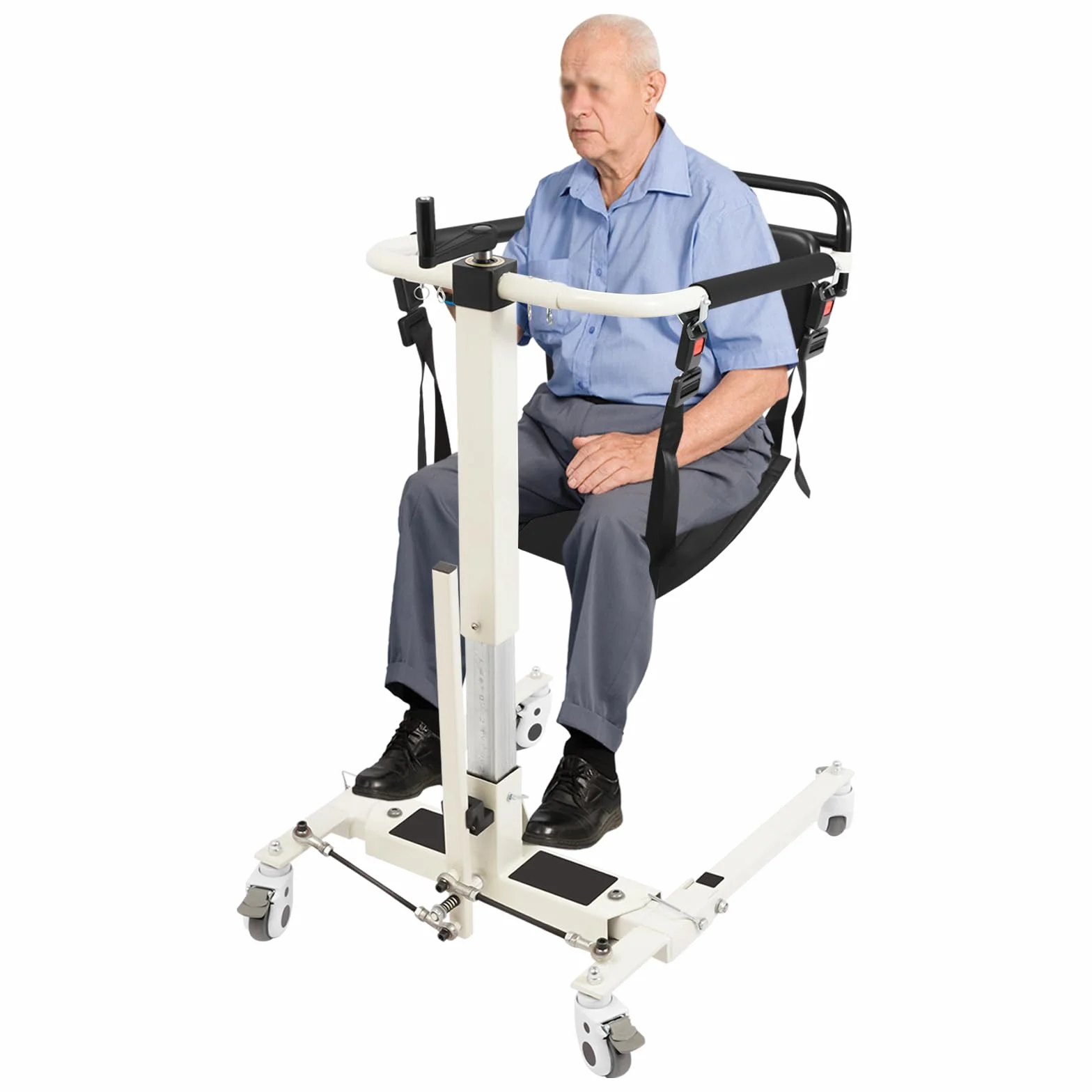 Hydrauliczne krzesło transferowe dla pacjentów, nośność 120 kg, regulowana wysokość 60-95 cm, szerokość 58-75 cm, 4 uniwersalne kółka z hamulcami i 2 poduszkami do siedzenia, podnośnik pacjenta do