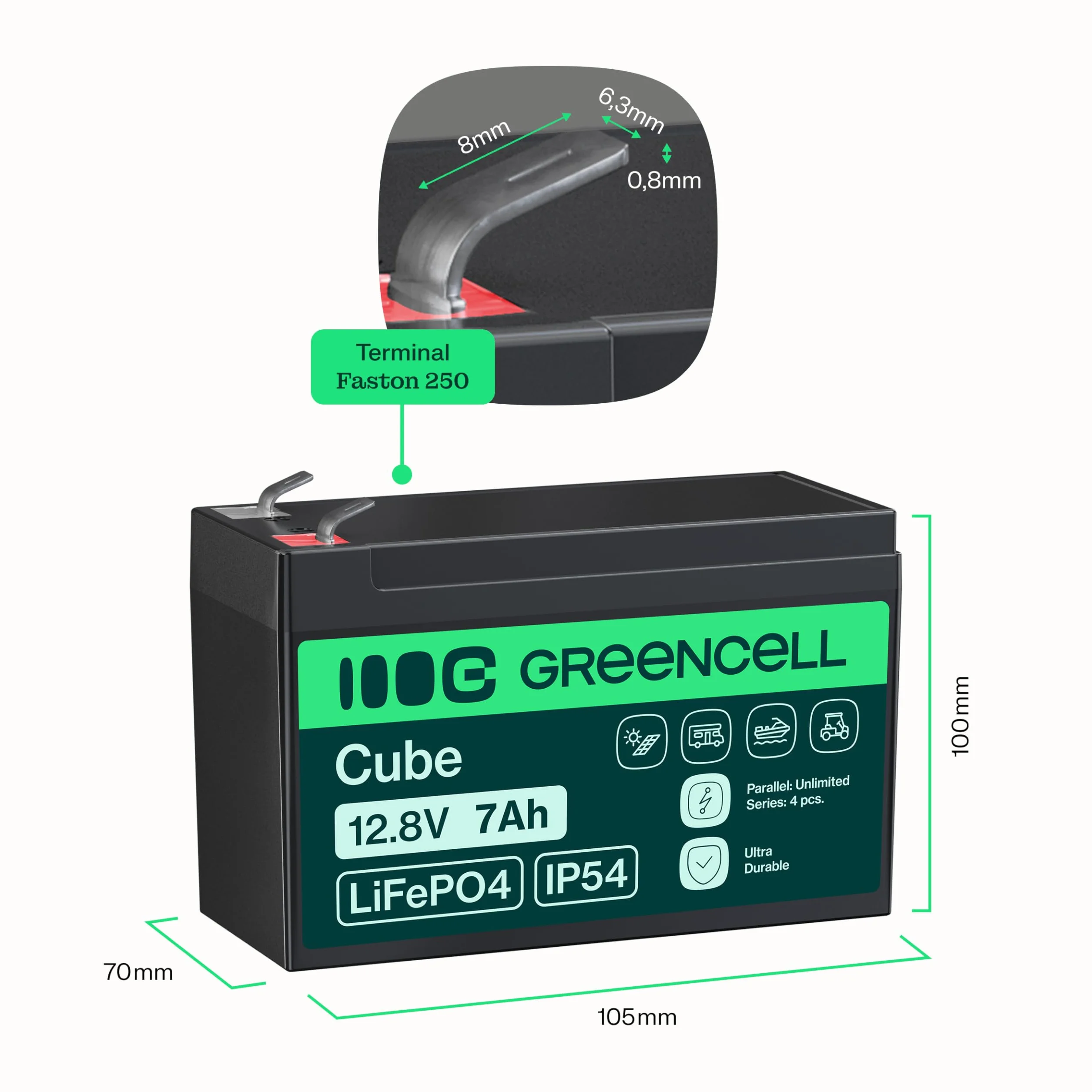 Green Cell CUBE LiFePO4 akumulator 7 Ah 12,8 V – akumulator litowo-żelazowo-fosforanowy do samochodów kempingowych, łodzi, instalacji solarnych, systemów off-grid, z BMS, lekki i bezpieczny