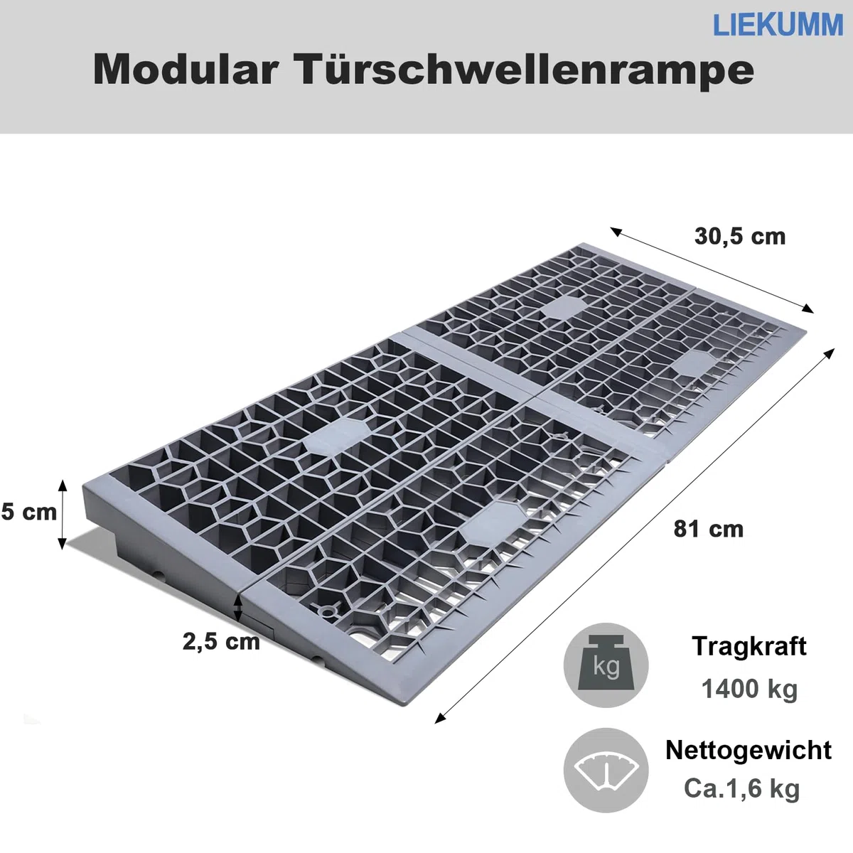 LIEKUMM Rampa progowa do drzwi o wysokości 5 cm, nośność 1400 kg, przenośna, modułowa rampa progowa do domu, na schody, elektryczny wózek inwalidzki, skuter, motocykl