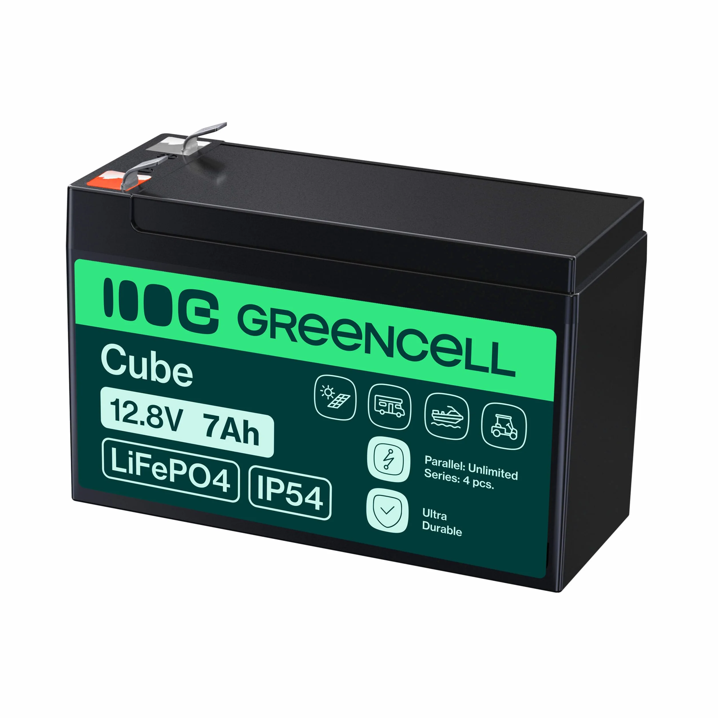 Green Cell CUBE LiFePO4 akumulator 7 Ah 12,8 V – akumulator litowo-żelazowo-fosforanowy do samochodów kempingowych, łodzi, instalacji solarnych, systemów off-grid, z BMS, lekki i bezpieczny
