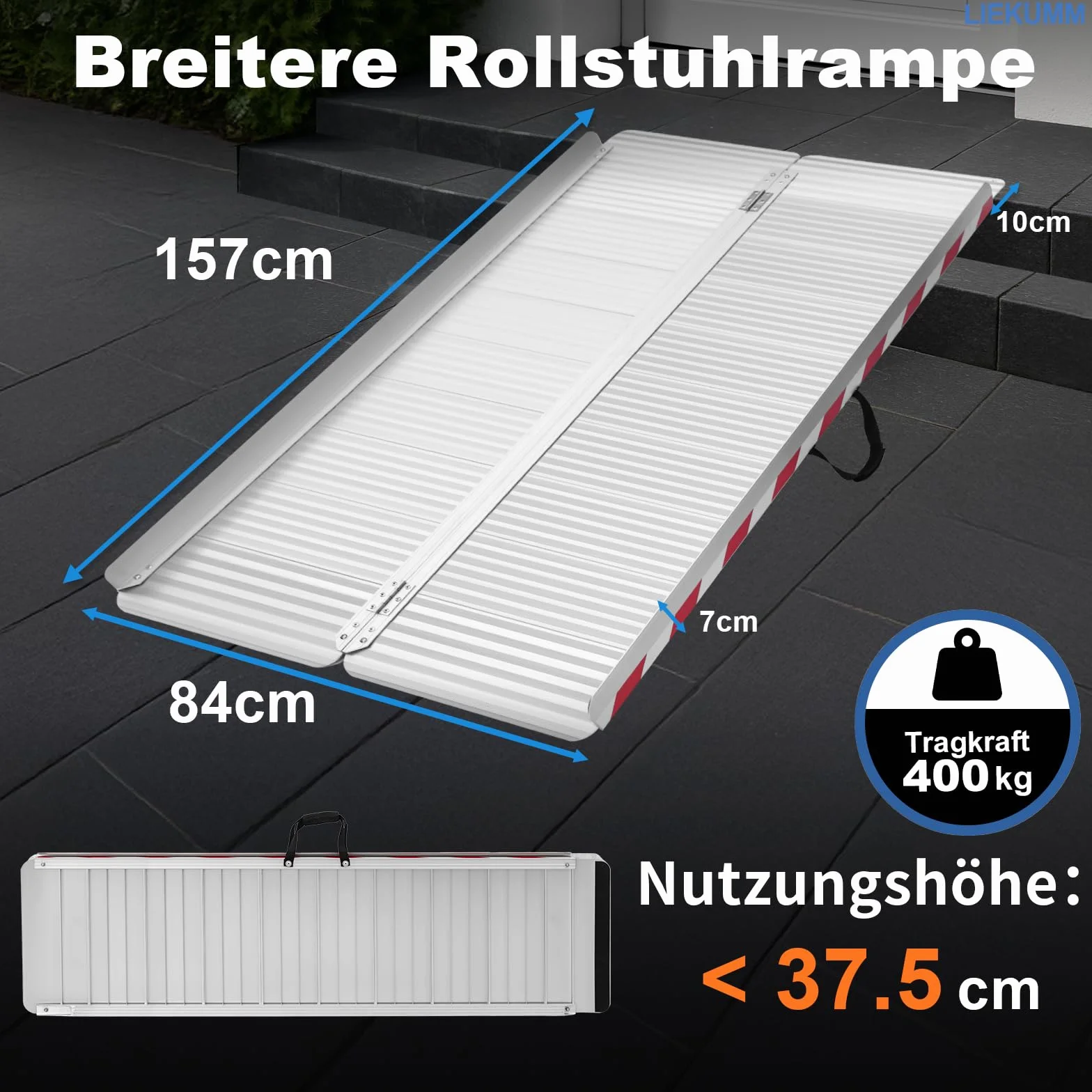 LIEKUMM Rampa dla wózków inwalidzkich 157 cm, poszerzona rampa dla wózków inwalidzkich, 85 cm, nośność 400 kg, aluminiowa rampa do wózków inwalidzkich, stopni, krawężników, rampa progowa do