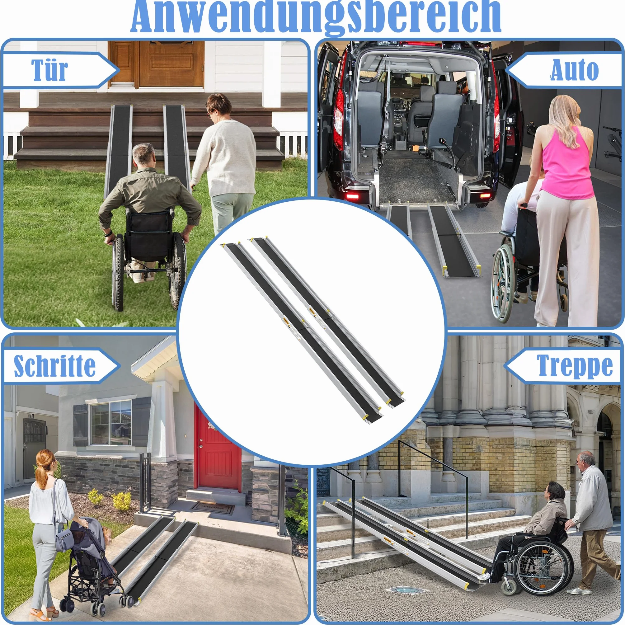 FIVMEN 2X Teleskopowa rampa dla wózków inwalidzkich 91-153 cm, aluminiowa, rampa dla wózków, udźwig 300 kg, teleskopowa, rampa najazdowa, rampa ładunkowa, regulowana, przenośna, dla wózków