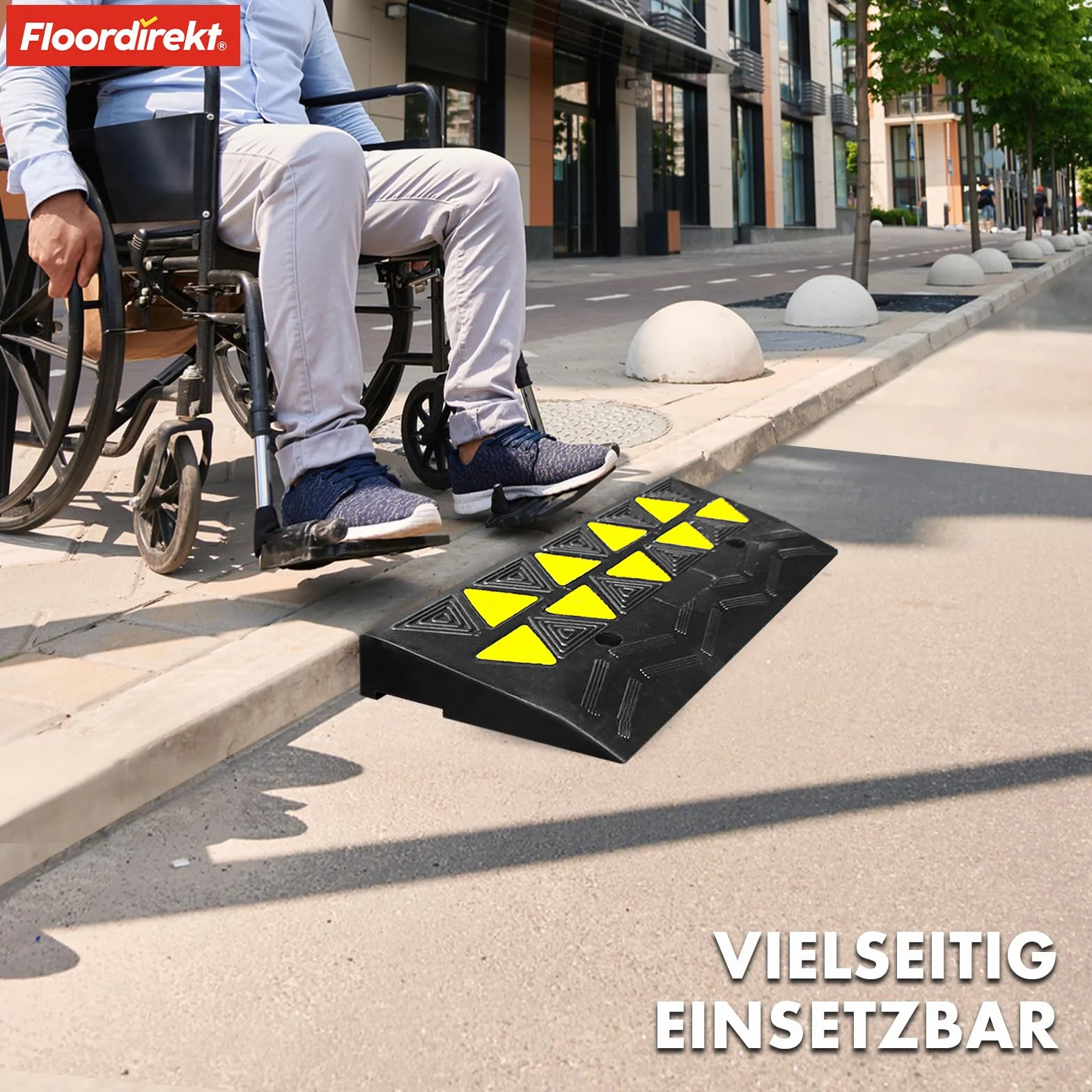 Floordirekt Blanc rampa progowa – rampa progowa i rampa do drzwi o wysokości 8 cm z żółtym świecącym oznaczeniem – rampa dla wózków inwalidzkich zapewnia dostęp do krawężników i chodników z gumy