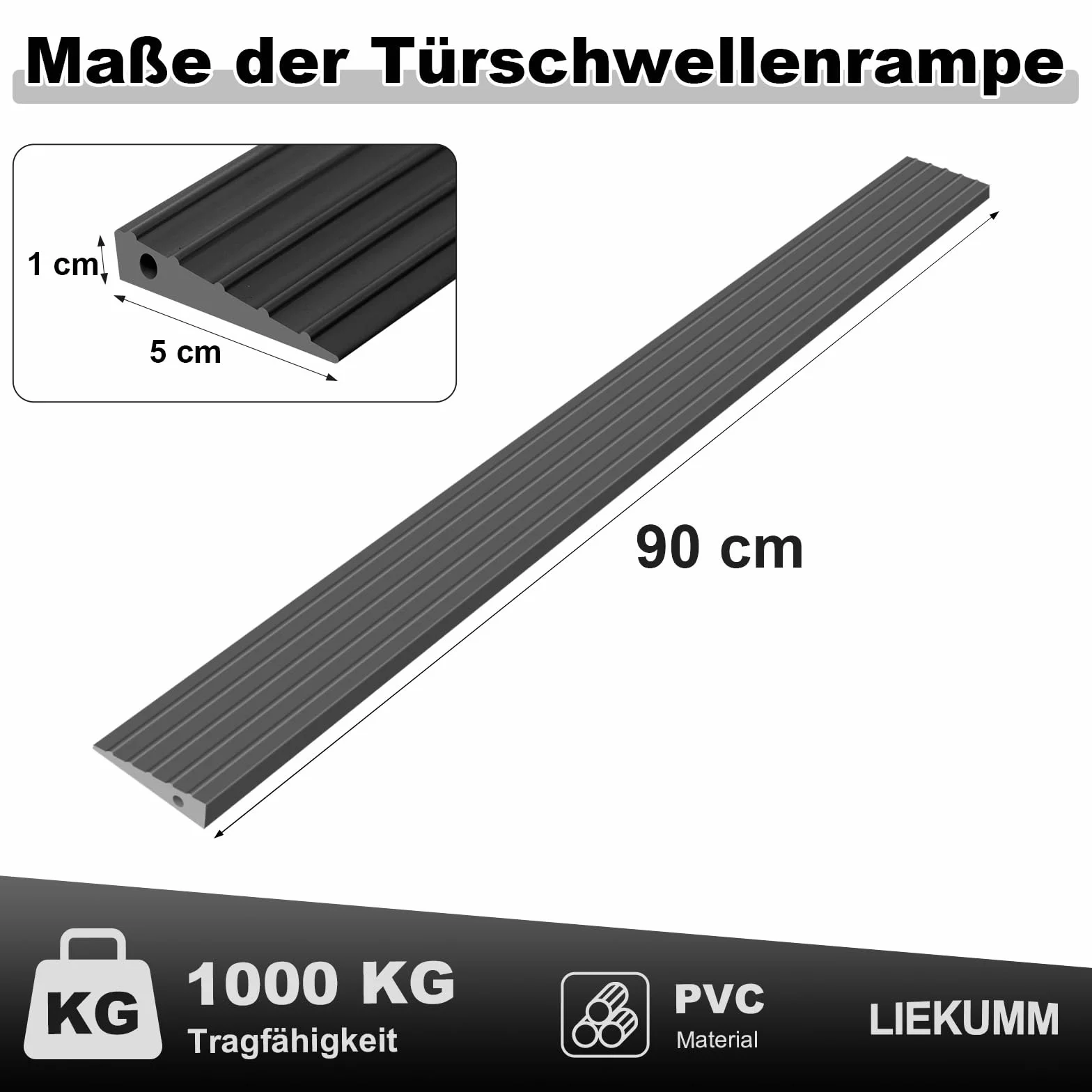 LIEKUMM Rampa progowa, 90 x 5 x 1 cm, PCW, dla wózków inwalidzkich, dziecięcych, chodzików lub skuterów elektrycznych, czarna