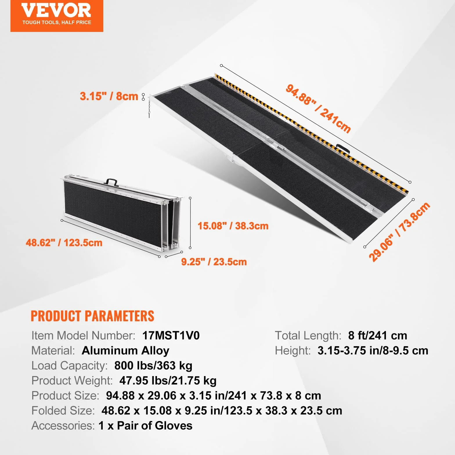 VEVOR Rampa dla wózków inwalidzkich, nośność 363 kg, przenośna składana rampa progowa, antypoślizgowa, 243,84 cm, do skutera, dla osób niepełnosprawnych, schodów, drzwi
