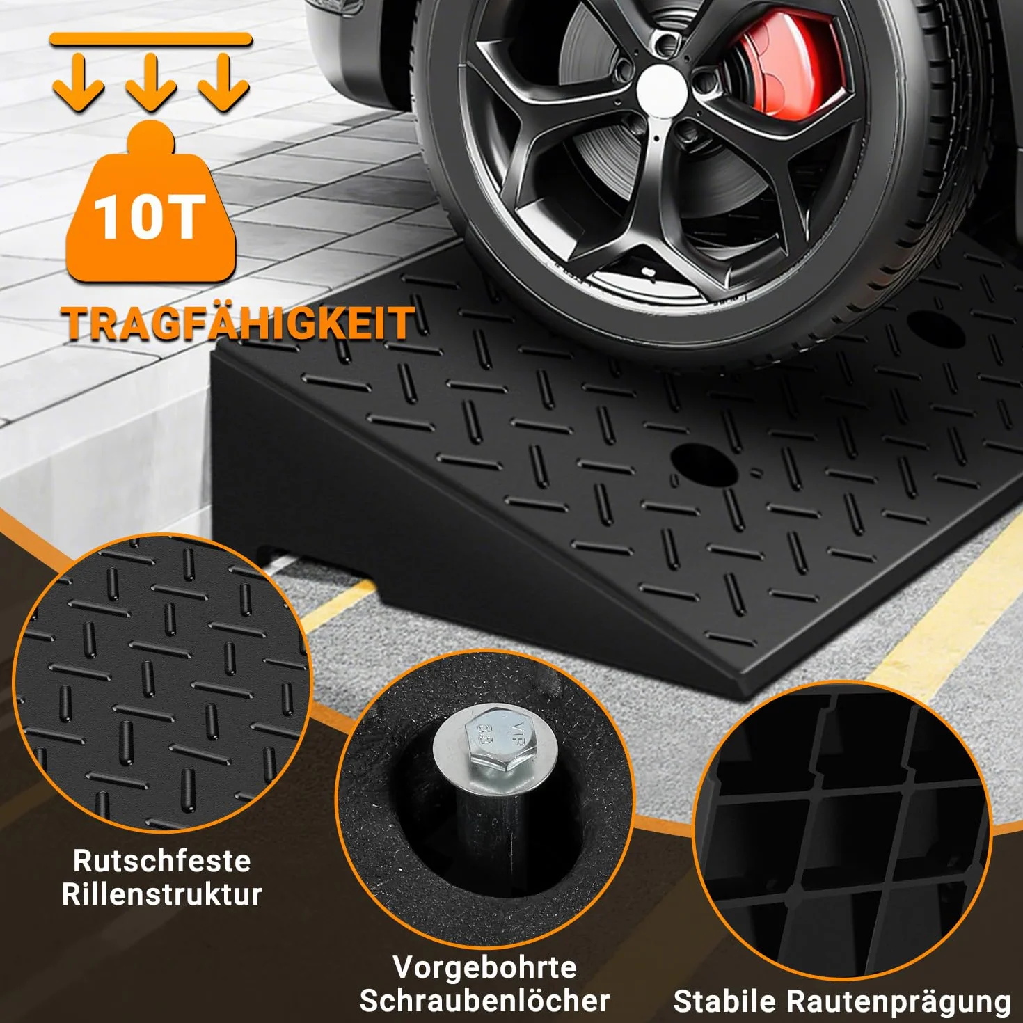 2 sztuki gumowych ramp krawężnikowych, wysokość 10 cm, antypoślizgowe rampy do krawężników, wózków inwalidzkich, samochodów, rampa najazdowa, rampa progowa z odwodnieniem, w zestawie zestaw