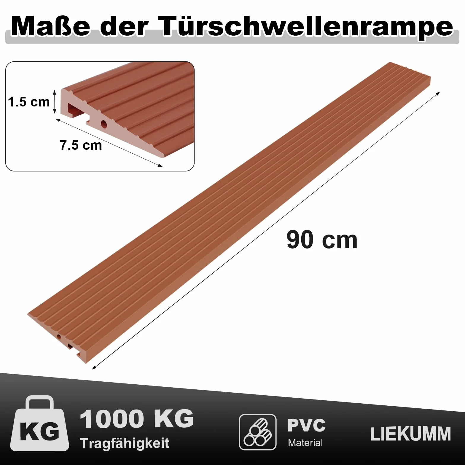 LIEKUMM Rampa dla wózków inwalidzkich o wysokości 1,5 cm, nośność 1000 kg, przenośna rampa progowa do schodów, rampa dla wózków inwalidzkich, do wózków inwalidzkich, garażu, robotów odkurzających