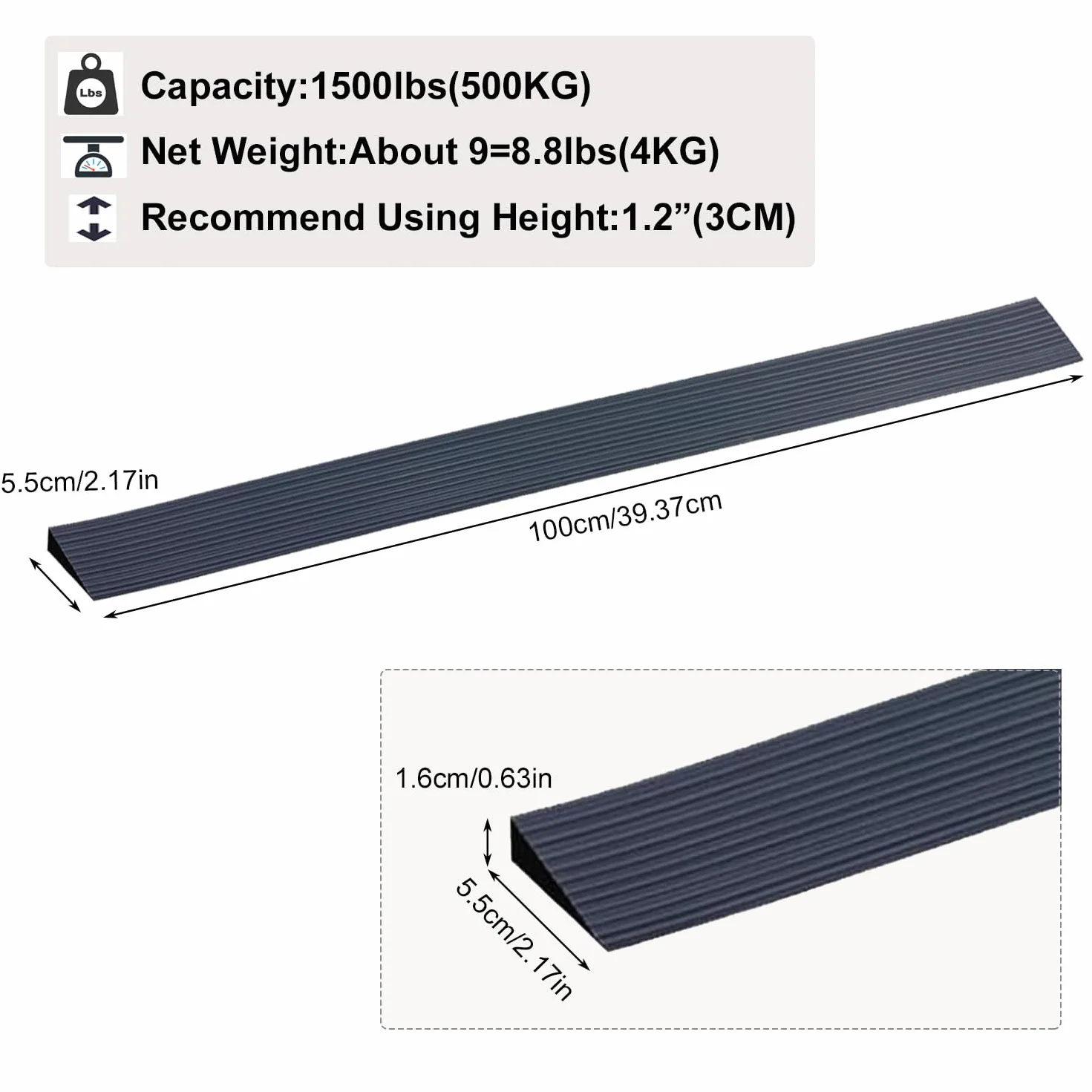 Gumowa rampa progowa do drzwi 5,5 x 1,6 x 100 cm, z PCW, szyny przejściowe, samoprzylepna, dla krawężników, wózków inwalidzkich, dziecięcych, chodzików i skuterów, czarna