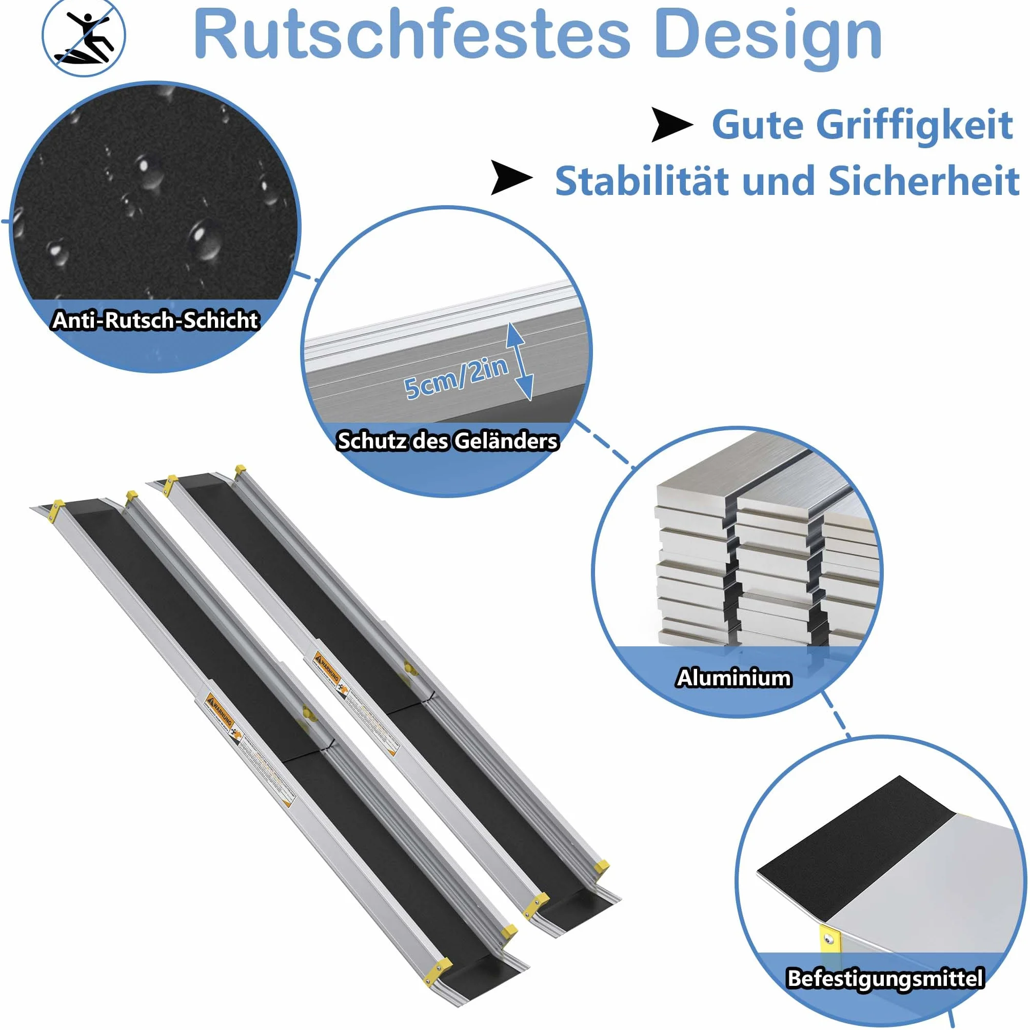 YUENFONG Rampa do wózków inwalidzkich, aluminiowa rampa najazdowa 106,5-183 cm, 2 sztuki, antypoślizgowa, regulowana rampa najazdowa, rampa najazdowa do 272 kg, do wózków inwalidzkich, schodów 106,5