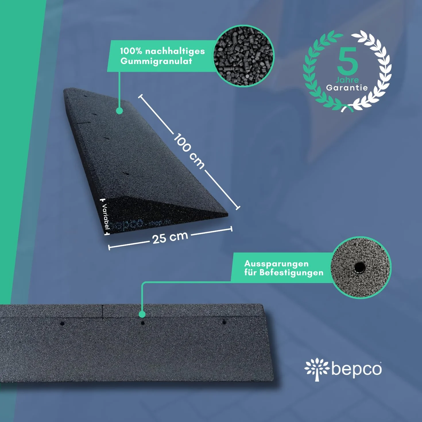 bepco Rampa do krawężnika, dł. x szer. x wys.: 100 x 25 x 5 cm z gumy (czarna) rampa najazdowa, rampa progowa, z łożyskowanymi podkładkami do mocowania
