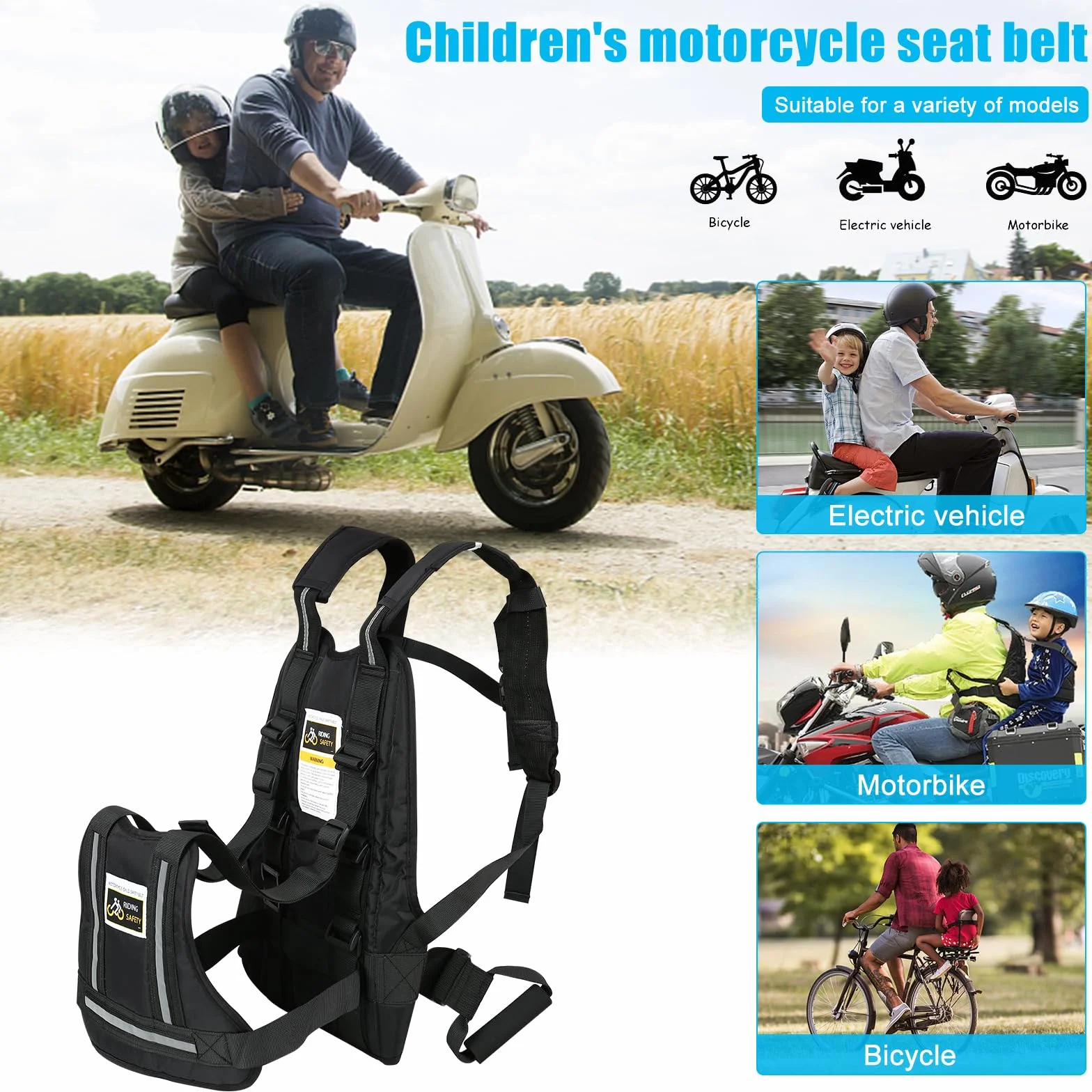 Dziecięcy pas bezpieczeństwa z dwoma uchwytami, regulowany pasek motocyklowy dla dzieci z 3 odblaskowym materiałem, ochrona przed upadkiem, odpowiedni dla dzieci w wieku od 2 do 12 lat