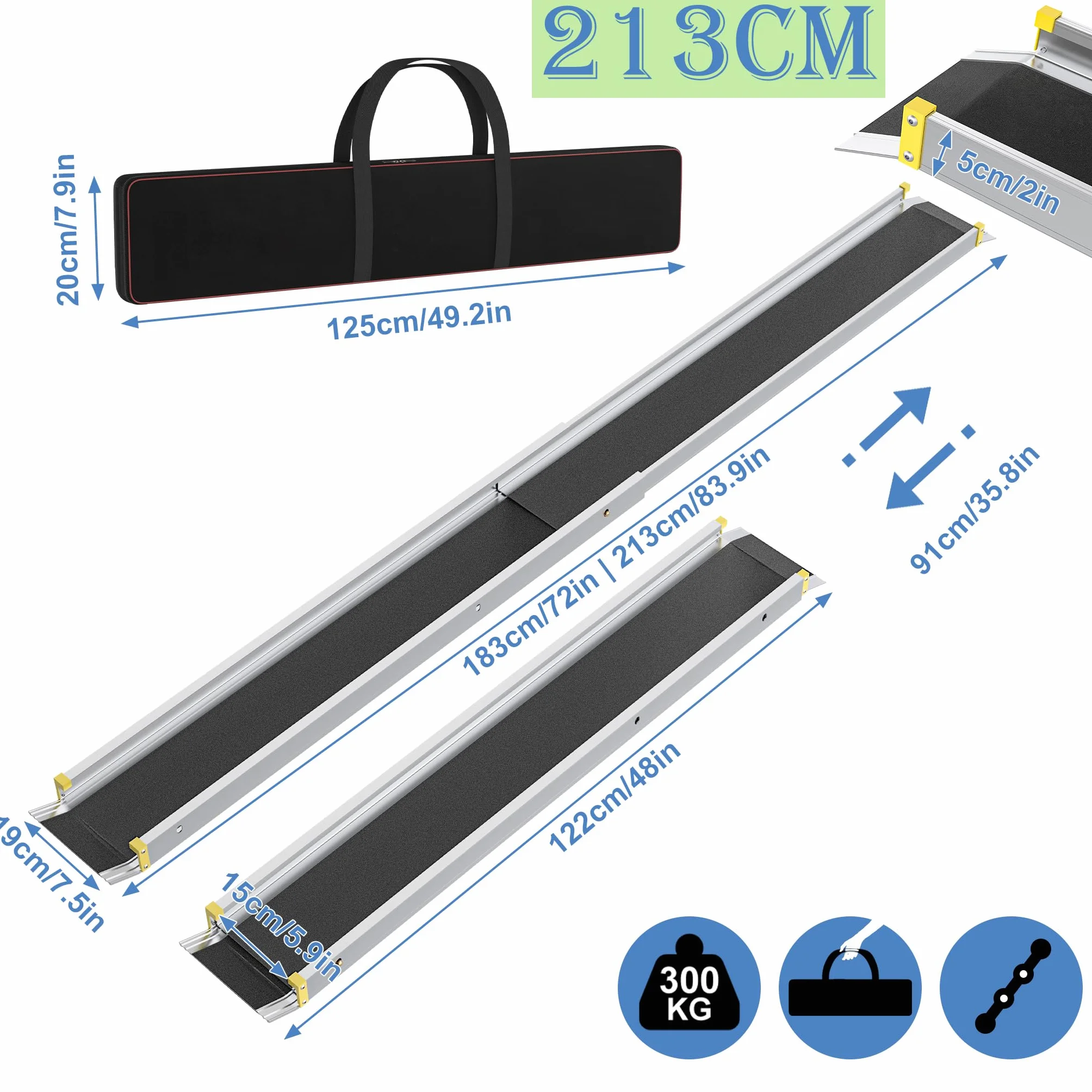 YRHome 2X teleskopowa rampa dla wózków inwalidzkich, 122-213 cm, regulowana rampa teleskopowa, antypoślizgowa i przenośna, rampa teleskopowa do 300 kg dla ręcznych wózków inwalidzkich, aluminiowa