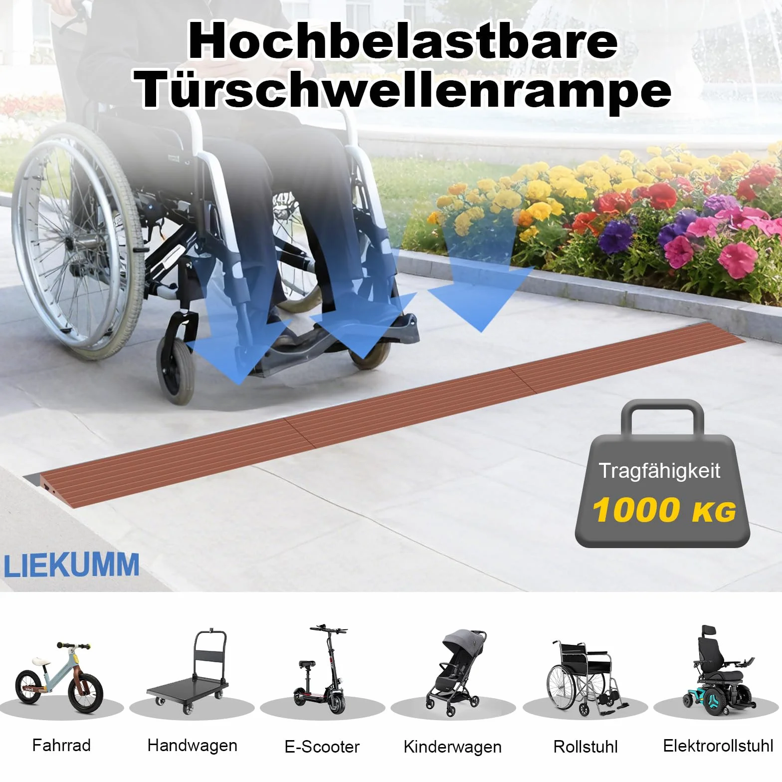 LIEKUMM Rampa PVC do wózków inwalidzkich o wysokości 2 cm, ładowność 800 kg, przenośna rampa progowa do schodów, rampa do wózka inwalidzkiego, wózka dziecięcego, garażu, odkurzacza robota, brązowa