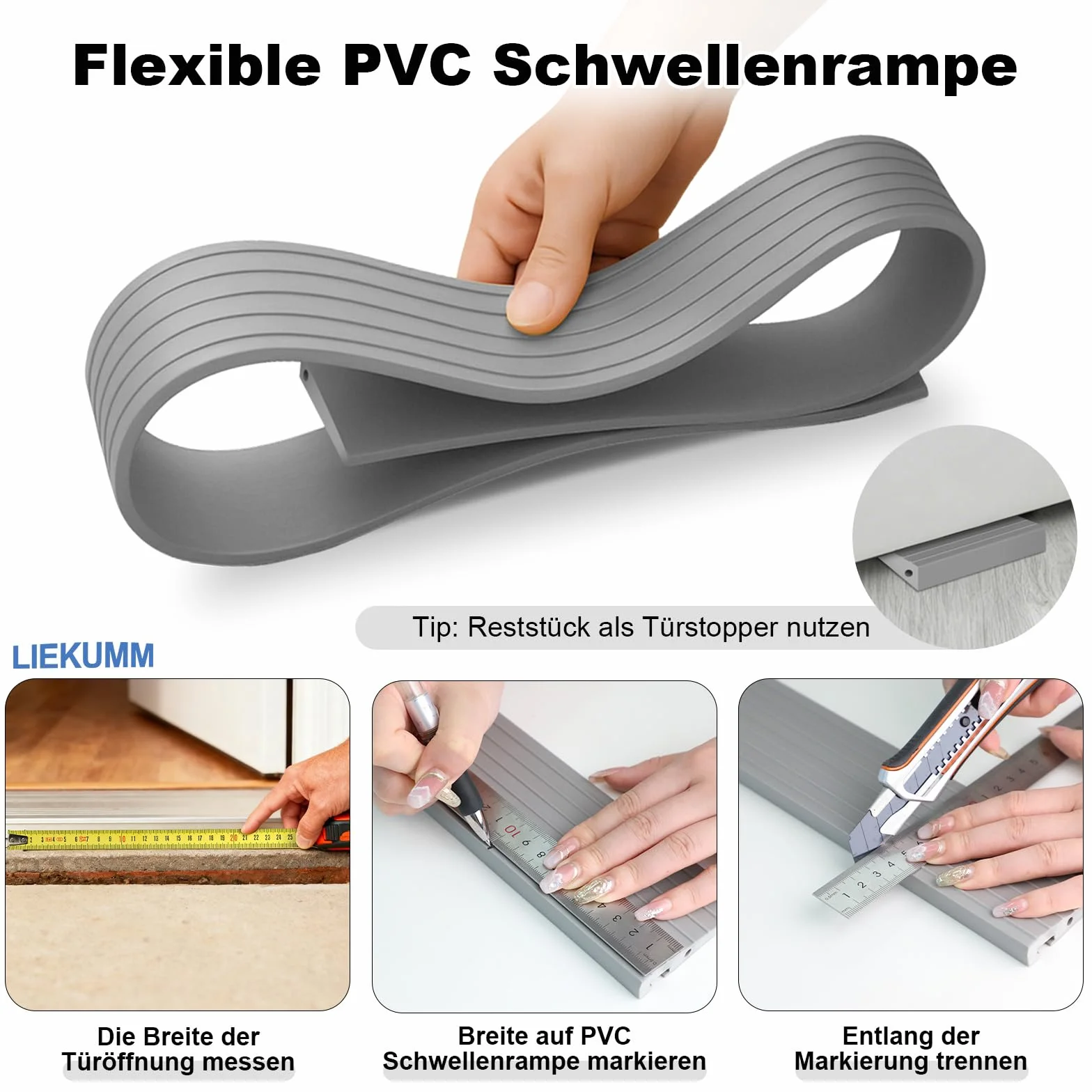 LIEKUMM Rampa progowa, 90 x 5 x 1 cm, rampa dla wózków inwalidzkich, rampa progowa PCW, rampa dla wózków inwalidzkich, wózków dziecięcych, chodzików lub skuterów elektrycznych, szara